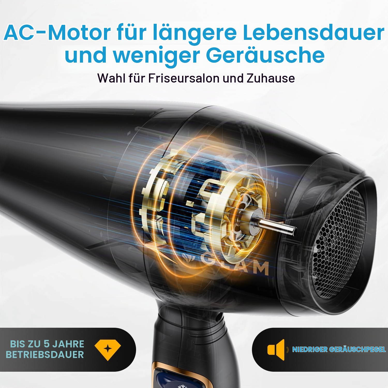 GLAM Profi Haartrockner, Föhn 2300W Leistungsstarker AC Motor Schnell trocknend Ionen Haartrockner mit 2 Geschwindigkeiten 3 Heiz, Cool Shot Taste mit 1 Diffusor & 1 Konzentrator für Multi-Frisuren