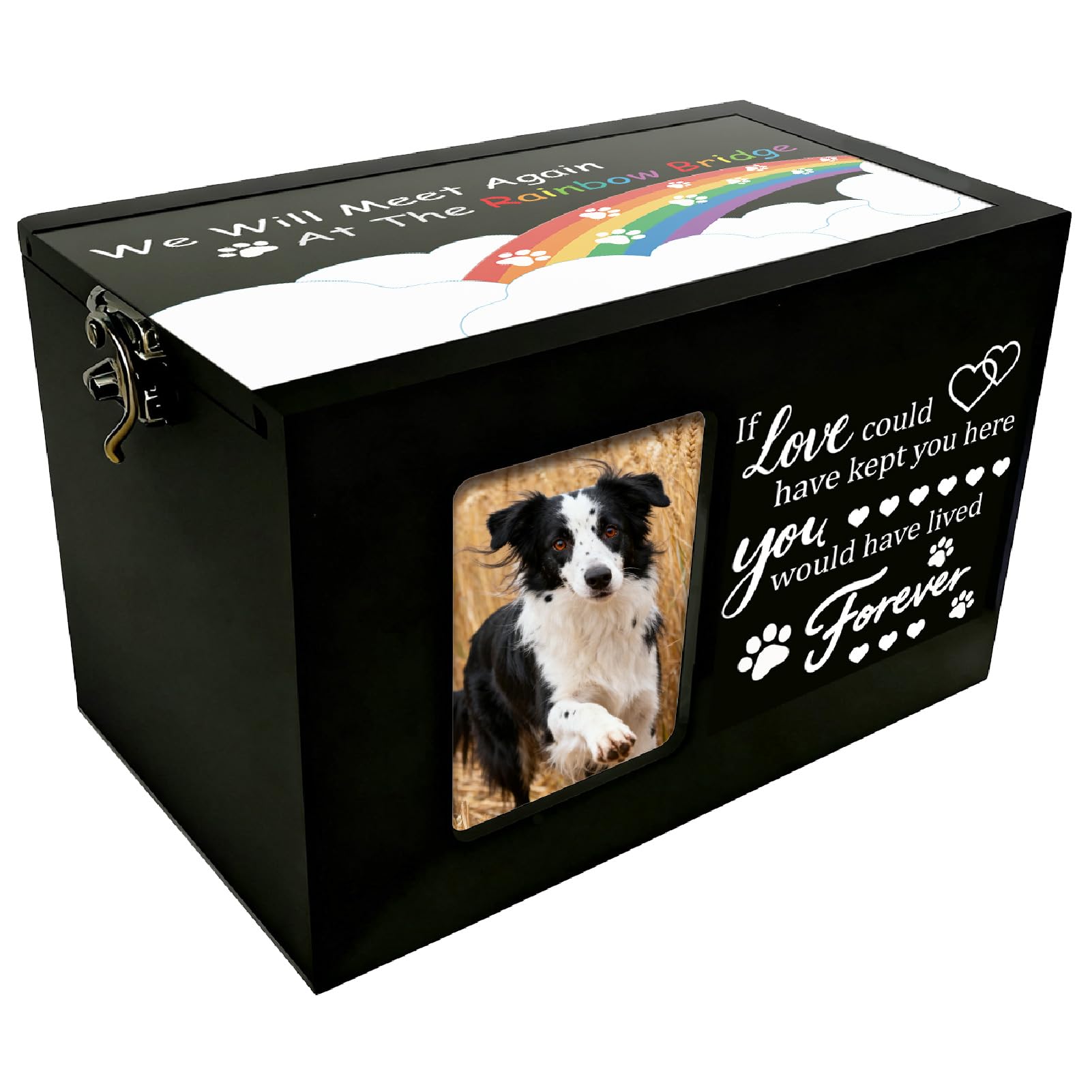 PRESSINART Rainbow Pet Urn Pet Memorial Box for Ashes Rainbow Bridge Wood Rectangle Storage Containers Cremation Urns with Photo Frame for Animal Dog Cat Memorial Remembrance Gift 6.3 x 4.3 x 4.3 Inch