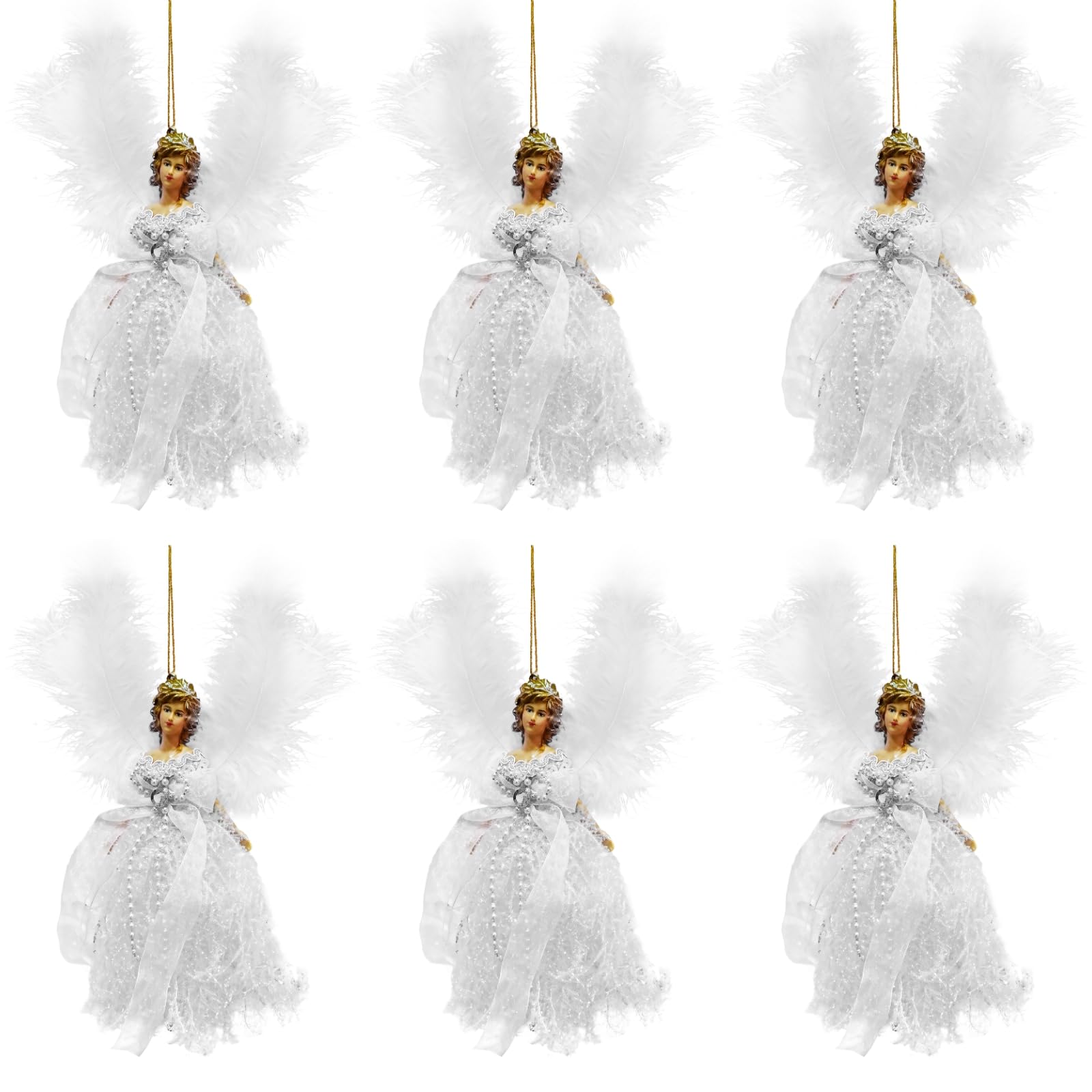 Ornements d’Ange de Noël, Lot de 6, décorations d’Arbre avec Ailes en Plumes Blanches, poupées Ange suspendues avec Cheveux dorés, décoration de Maison pour Sapin de Noël et Ambiance Festive