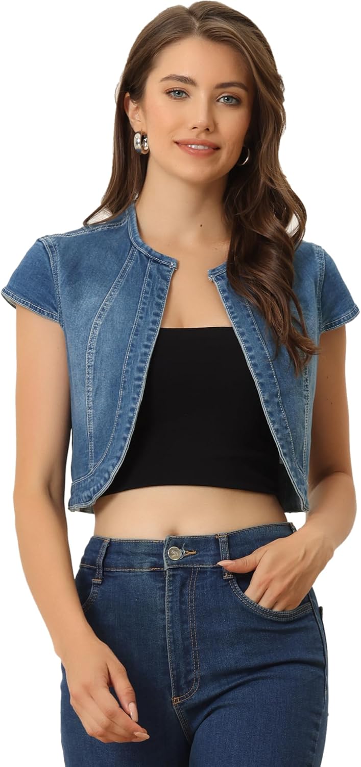 Allegra K Women's Denim Jacket Short Sleeve Jean Jacket Slim Fit Summer Outfits Casual Cropped Jacket
