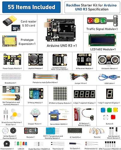 Miniatura 6 de RockBee UNO R3 Kit de inicio y tutorial (55 artículos), con tarjeta de memoria, utiliza chips originales compatibles con Arduino IDE
