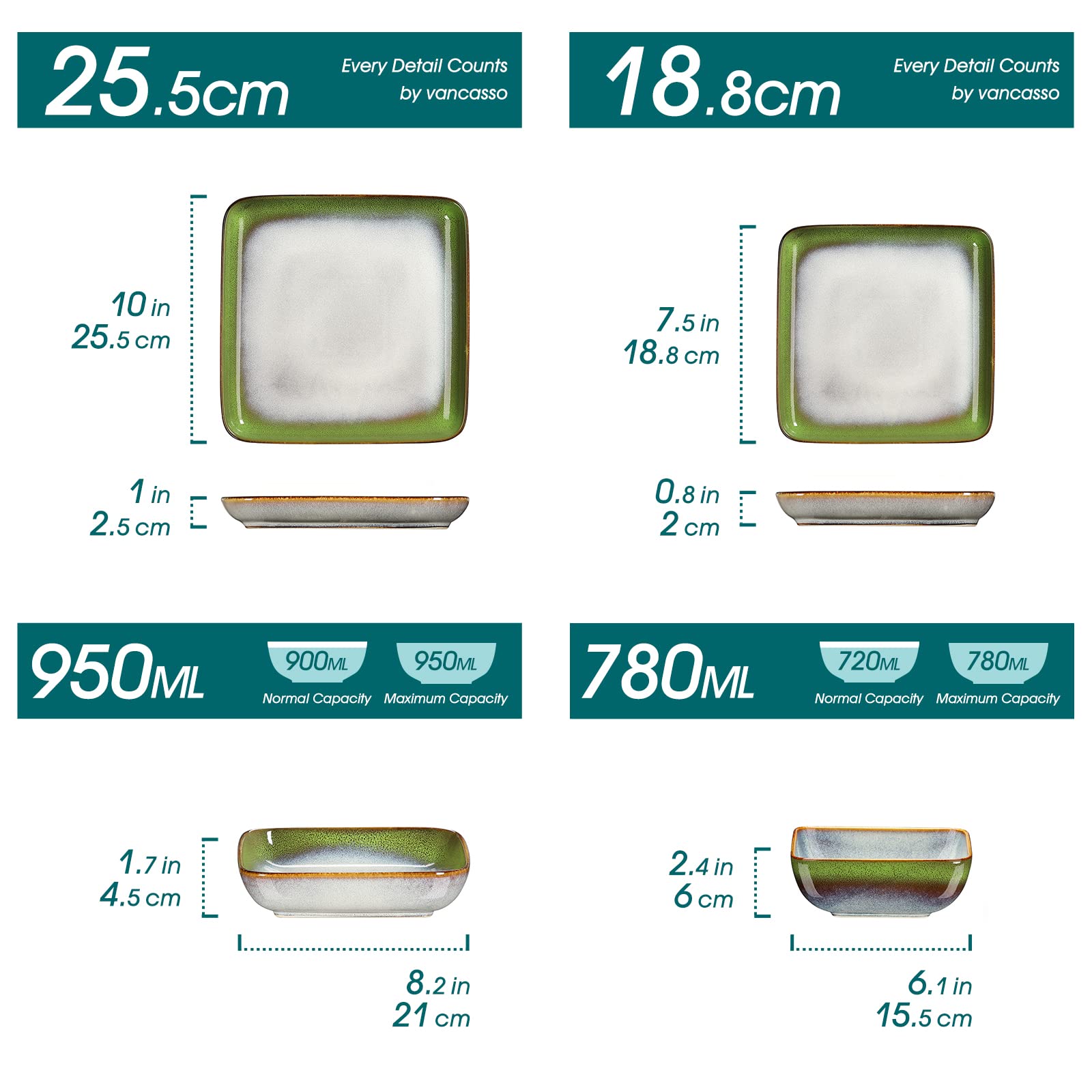 Vancasso Stern Vaisselle de table en grès de forme carrée, glaçure réactive, 16 pièces, assiettes plates, assiettes à dessert, bols et assiettes creuses, pour 4 personnes, bleu-vert