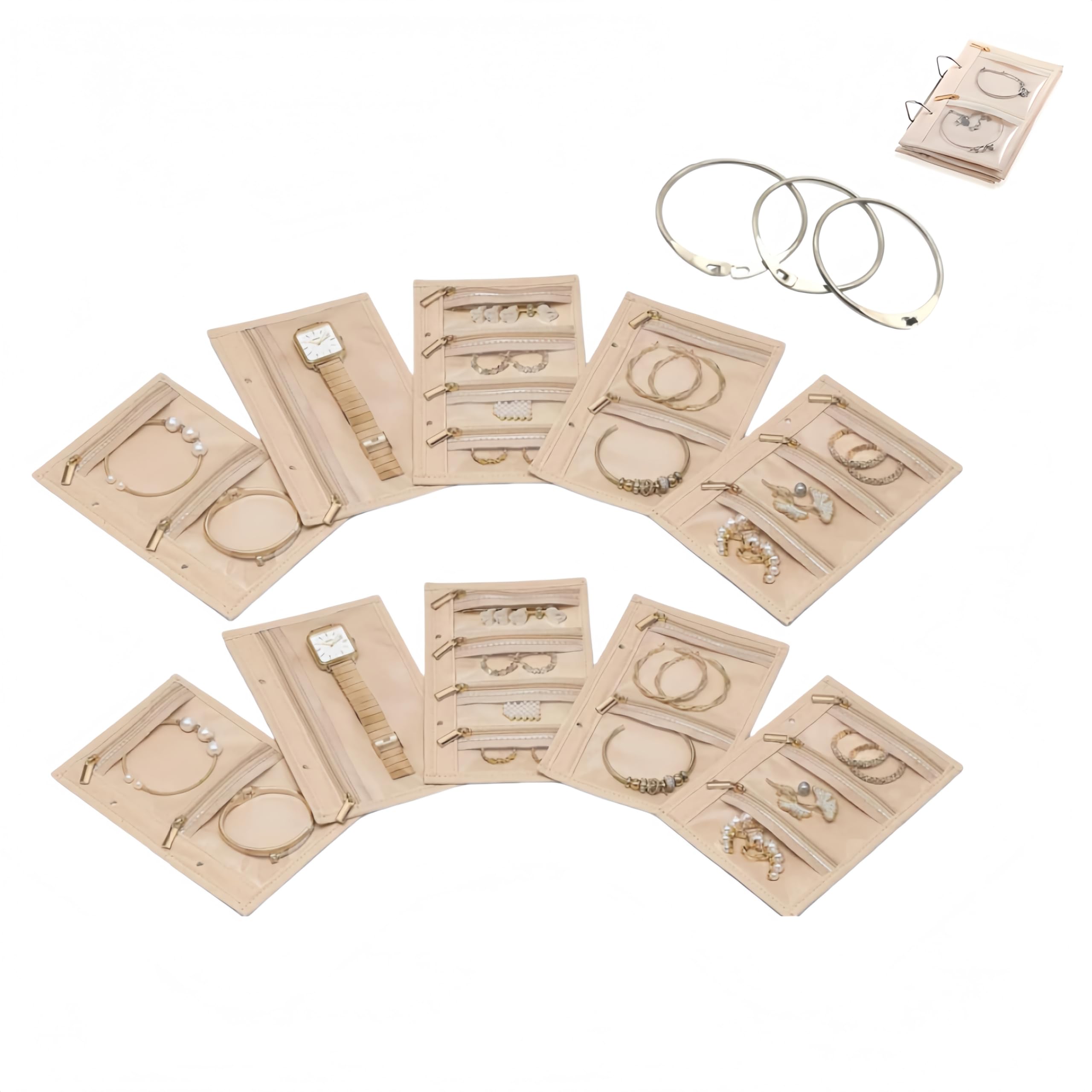 AJHMGJGO Velvet Jewelry Organizer 10pcs, Travel Zipper Jewelry Pouch, Portable Jewelry Pouch with Flipchart Clip for Rings? Necklaces?Earrings?Watch Gifts etc.(Beige)