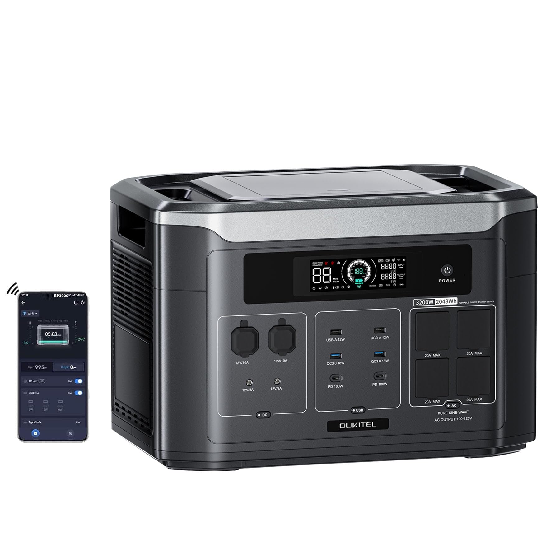 OUKITEL BP3000 3200W(6400W Pico) Estación de Energía Portátil, Carga del 80% en 1,5 Horas, 2048Wh Batería LiFePO4, Ampliable a 16 kWh, Generador Solar para Camping, Uso Doméstico y Emergencias
