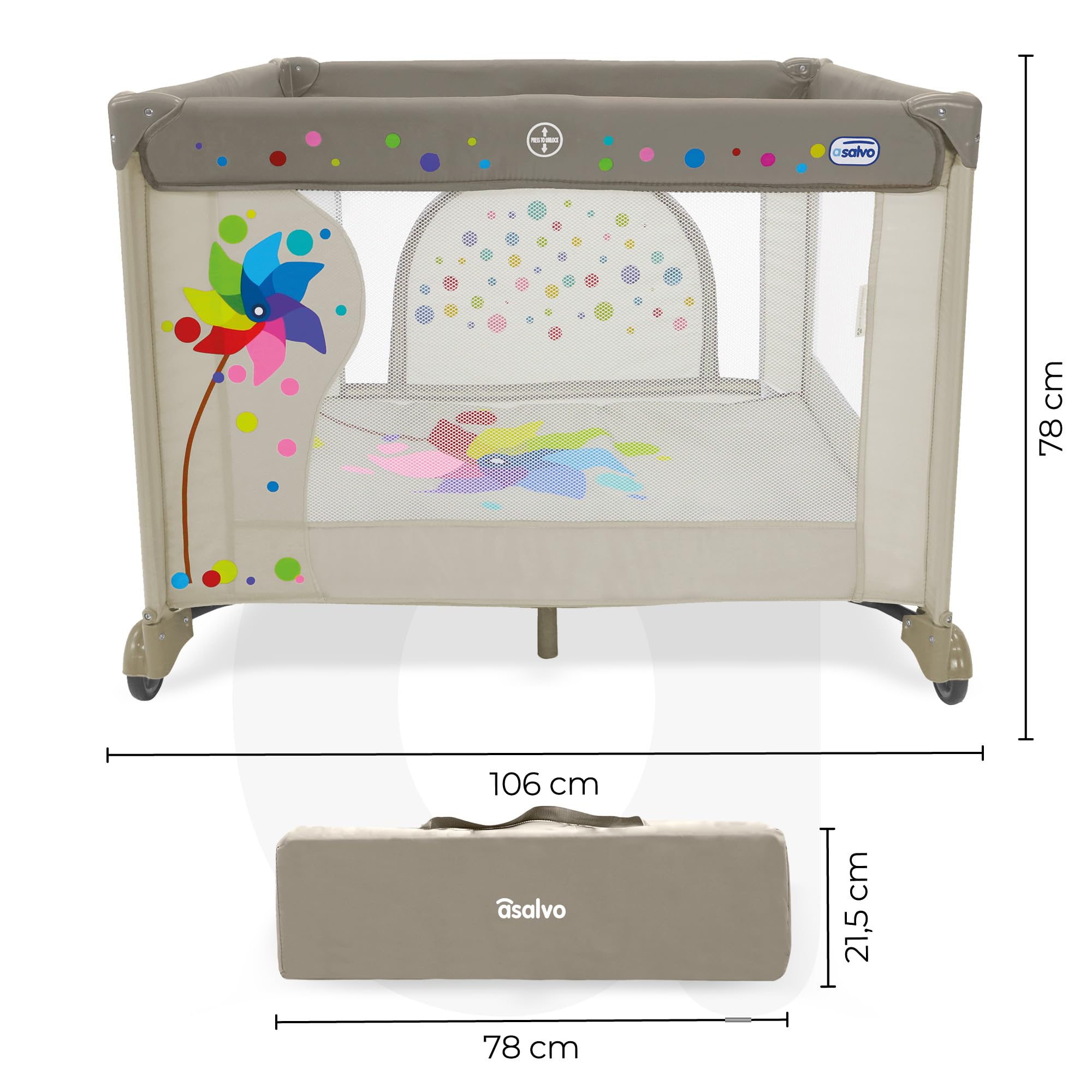 Asalvo 12470 - Parque cuadrado, diseño molinillo, color beige, 97 x 77 x 97 cm