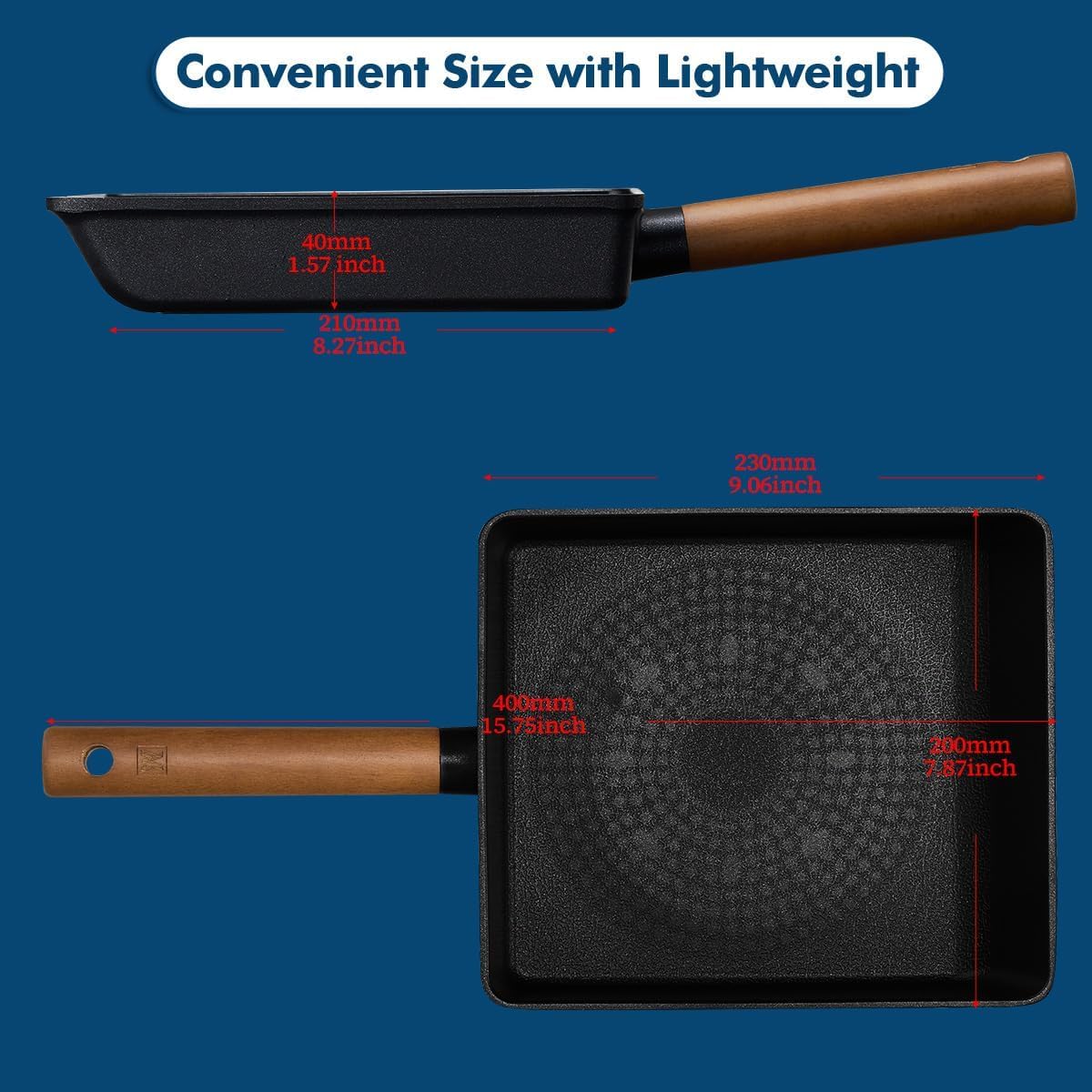 Rectangular Aluminum Frying Pan, Small Skillet with Titanium Coated Non-Stick Surface, 7-Layer Coating, Zelkova Wooden Handle, Made in Korea, Omelet Pan (15.75" L x 7.87" W x 1.57" H)