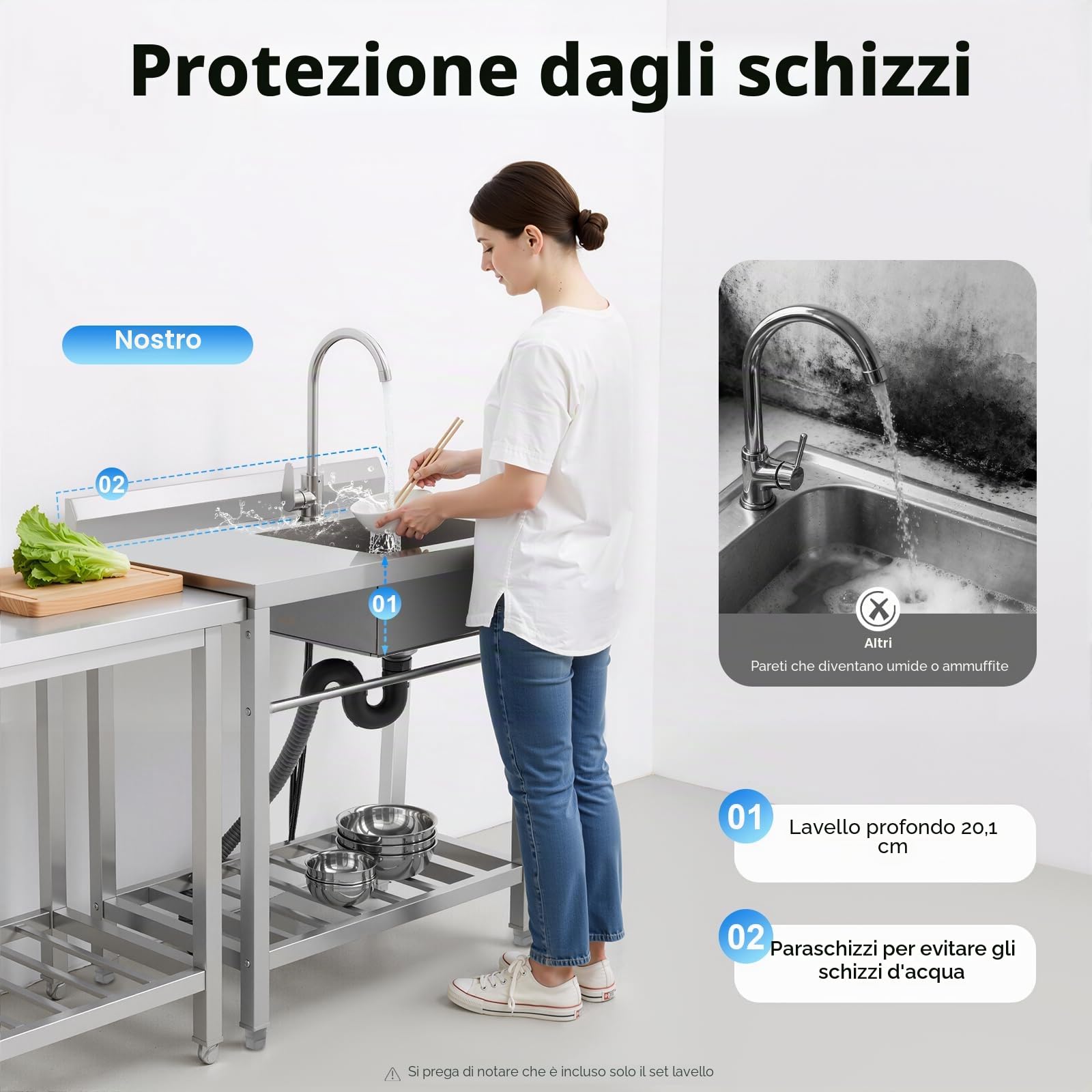 Lavello in acciaio inox, 80 x 55 x 84 cm, autoportante, portata 100 kg, per ristoranti, cucine, lavanderia (lavello destro)