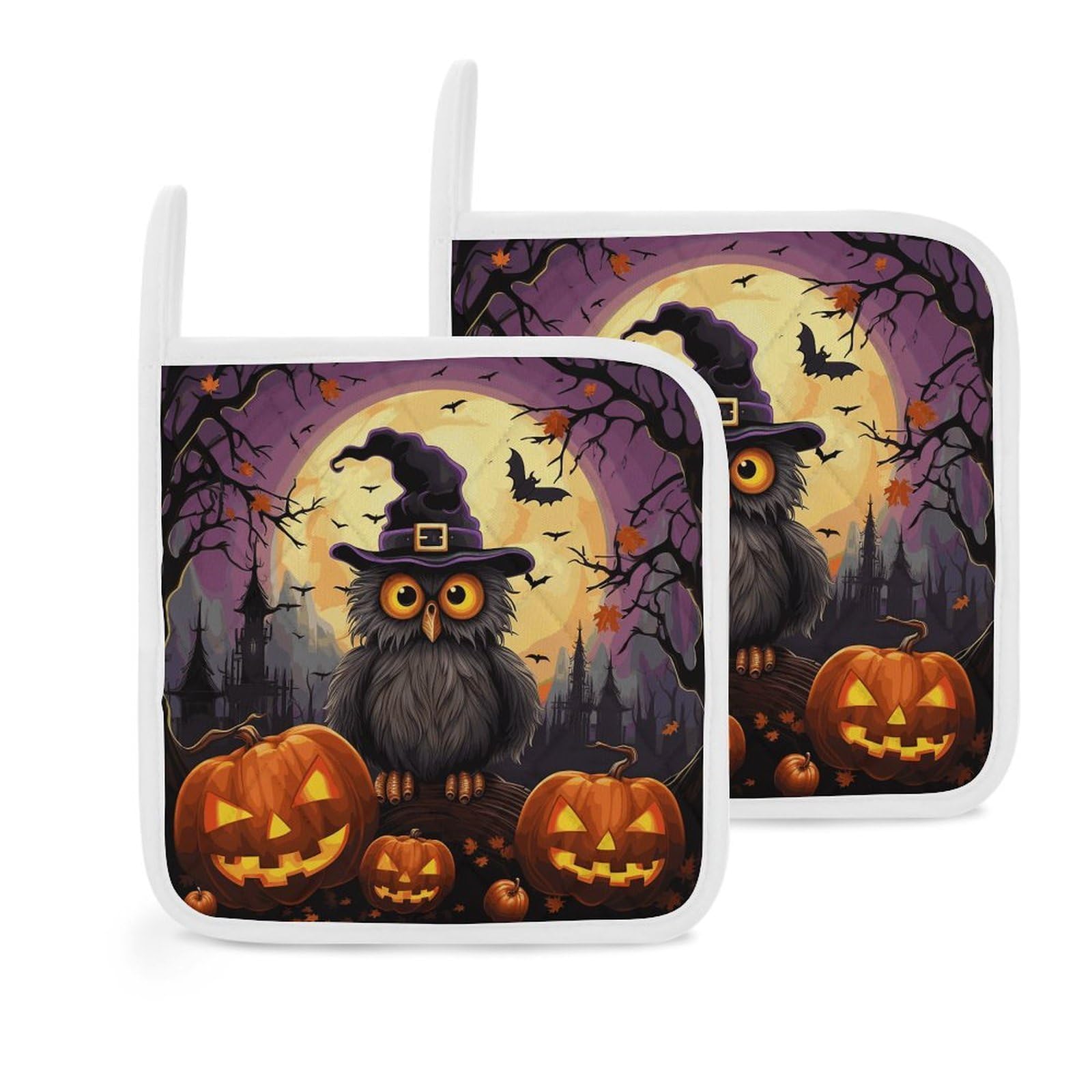 Btcowzrv Style Halloween Owl Ghost Pumpkin 2 Pack Pot Holders For Kitchen, Heat Resistant Potholder Set With Hanging Loops, Hot Pads For Oven Baking Cooking