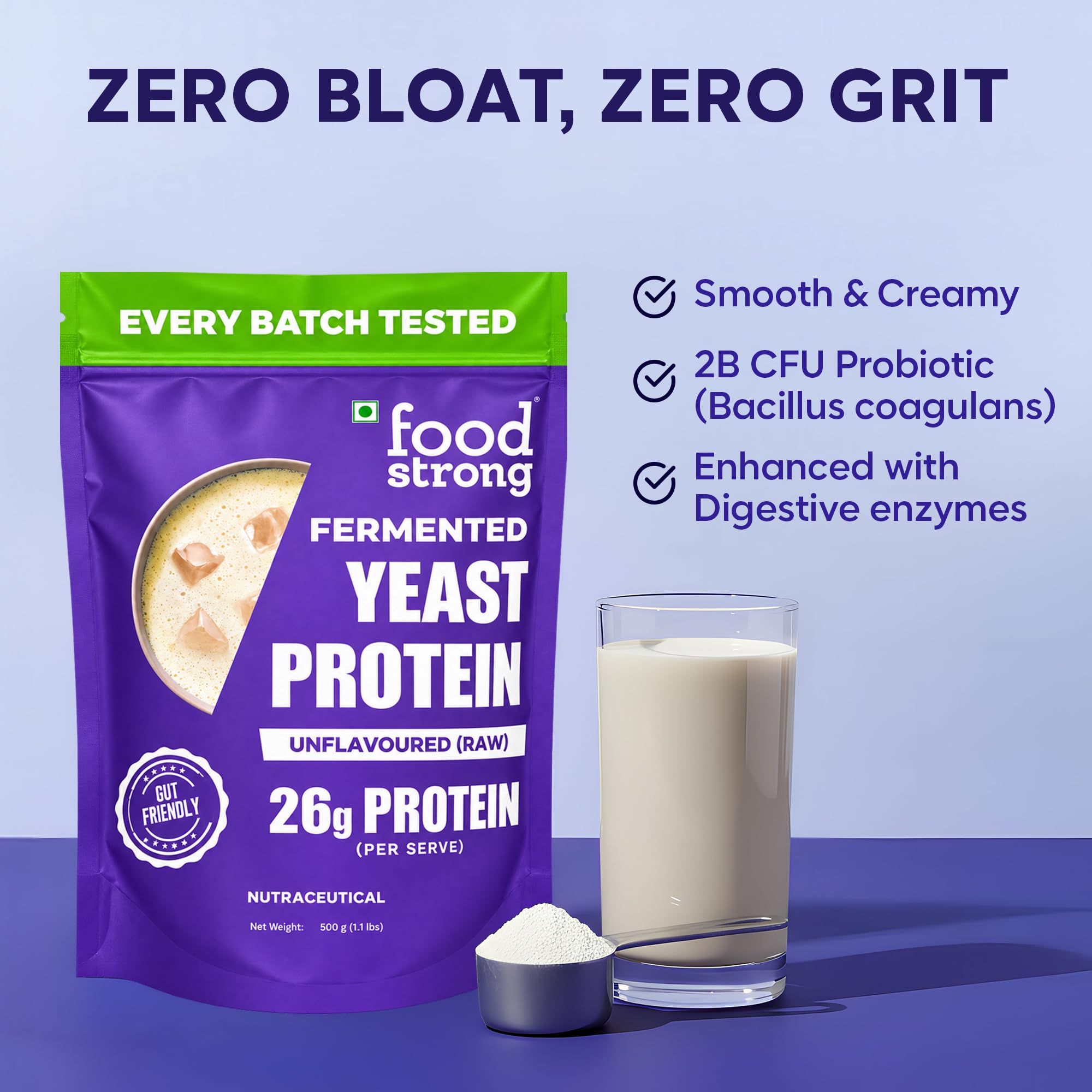 Foodstrong Fermented Yeast Protein - Unflavoured | 26g Complete Plant Protein with Probiotics, Digestive Enzymes, & Indian Herbs | Vegan | No Sugar | 500g — Amazon image 3