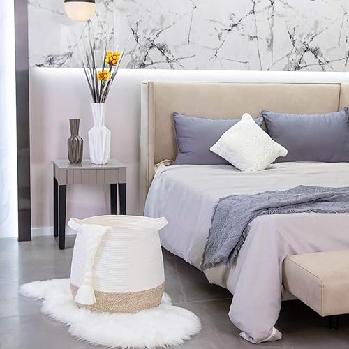 Miniatura 4 de MINTWOOD Design Cesta decorativa grande de cuerda de algodón tejida de 17 x 17 pulgadas para sala de estar, cesta de lavandería, cestas de