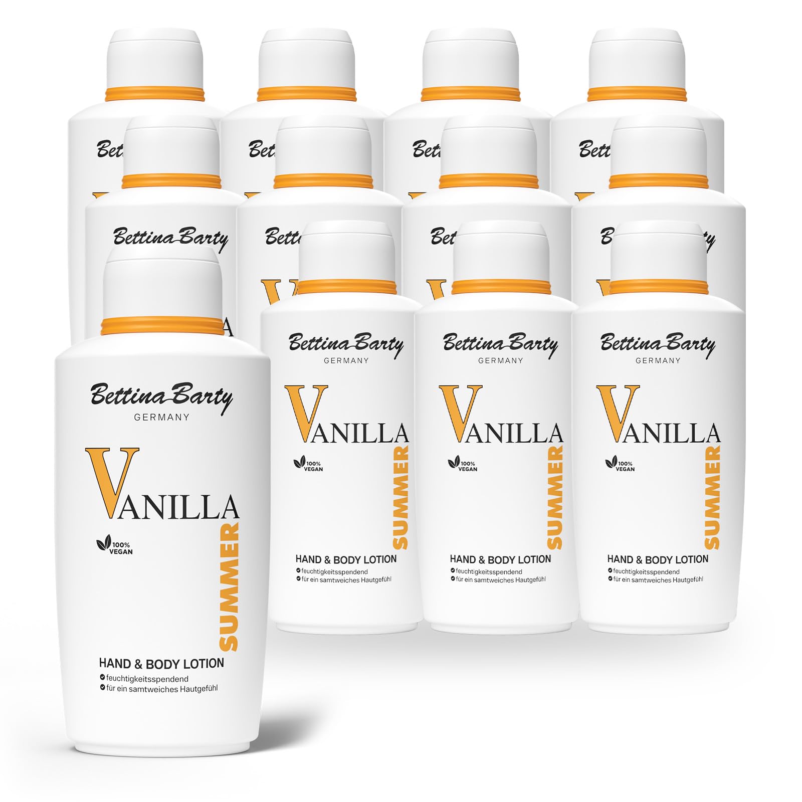 Bettina Barty Summer Vanilla Hand & Body Lotion 12 x 500 ml – Feuchtigkeitspflege mit sommerlichem Vanilleduft für Haut & Hände – mit schnell einziehender Formel