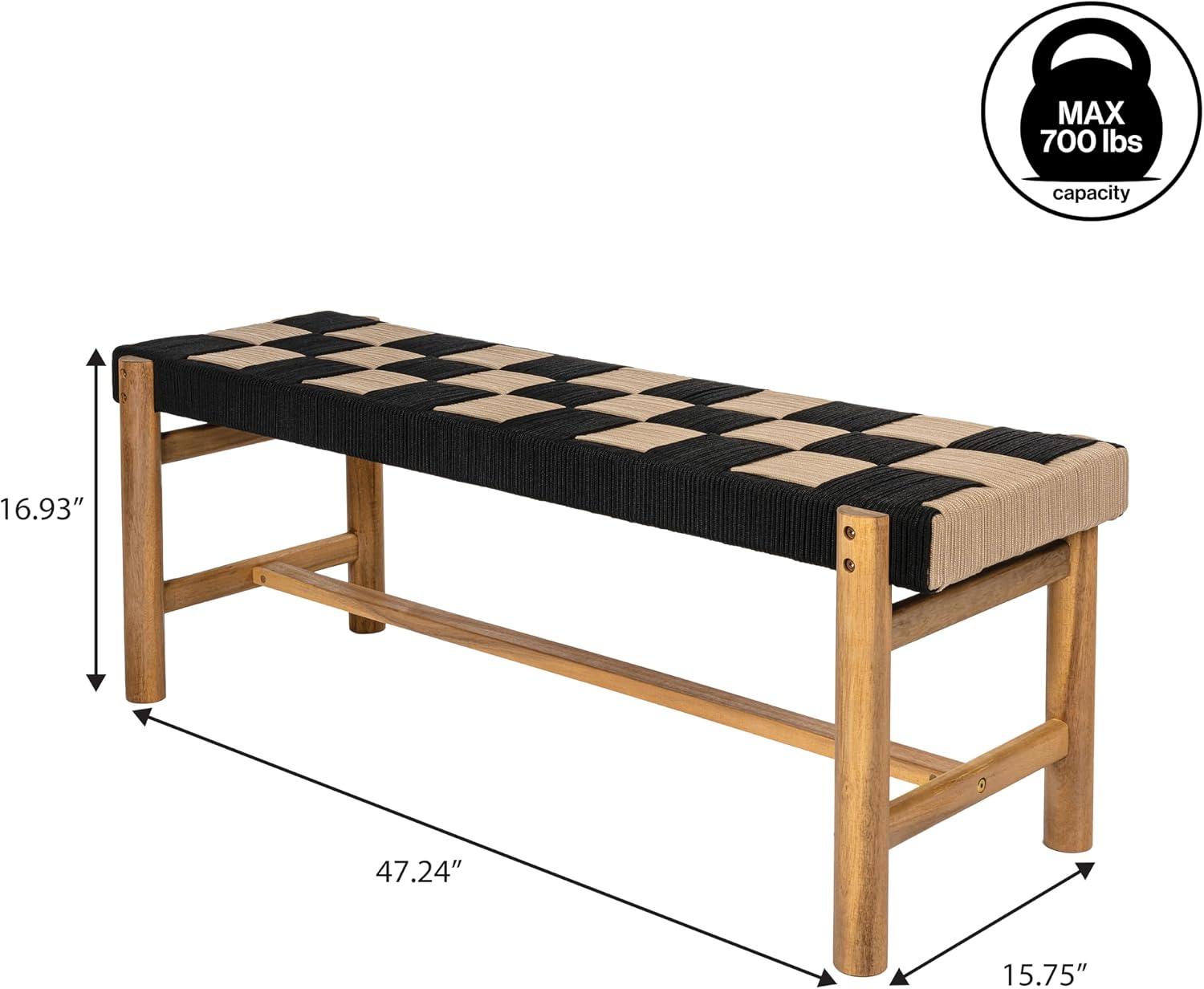 JONATHAN Y Denis 47" Black and Beige Checkerboard Acacia Wood and Woven Rope Bench, Bohemian Indoor/Outdoor Seating for Entryway or Patio, 700 lbs Capacity BNH202A