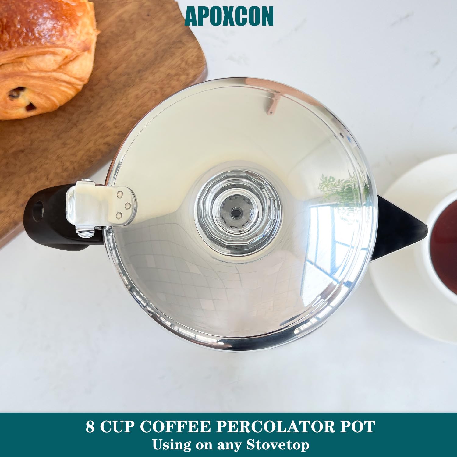 APOXCON Percolateur à café en acier inoxydable avec bouton en verre résistant à la chaleur - Cafetière de camping - Utilisation sur n'importe quelle cuisinière - Argenté - 8 tasses