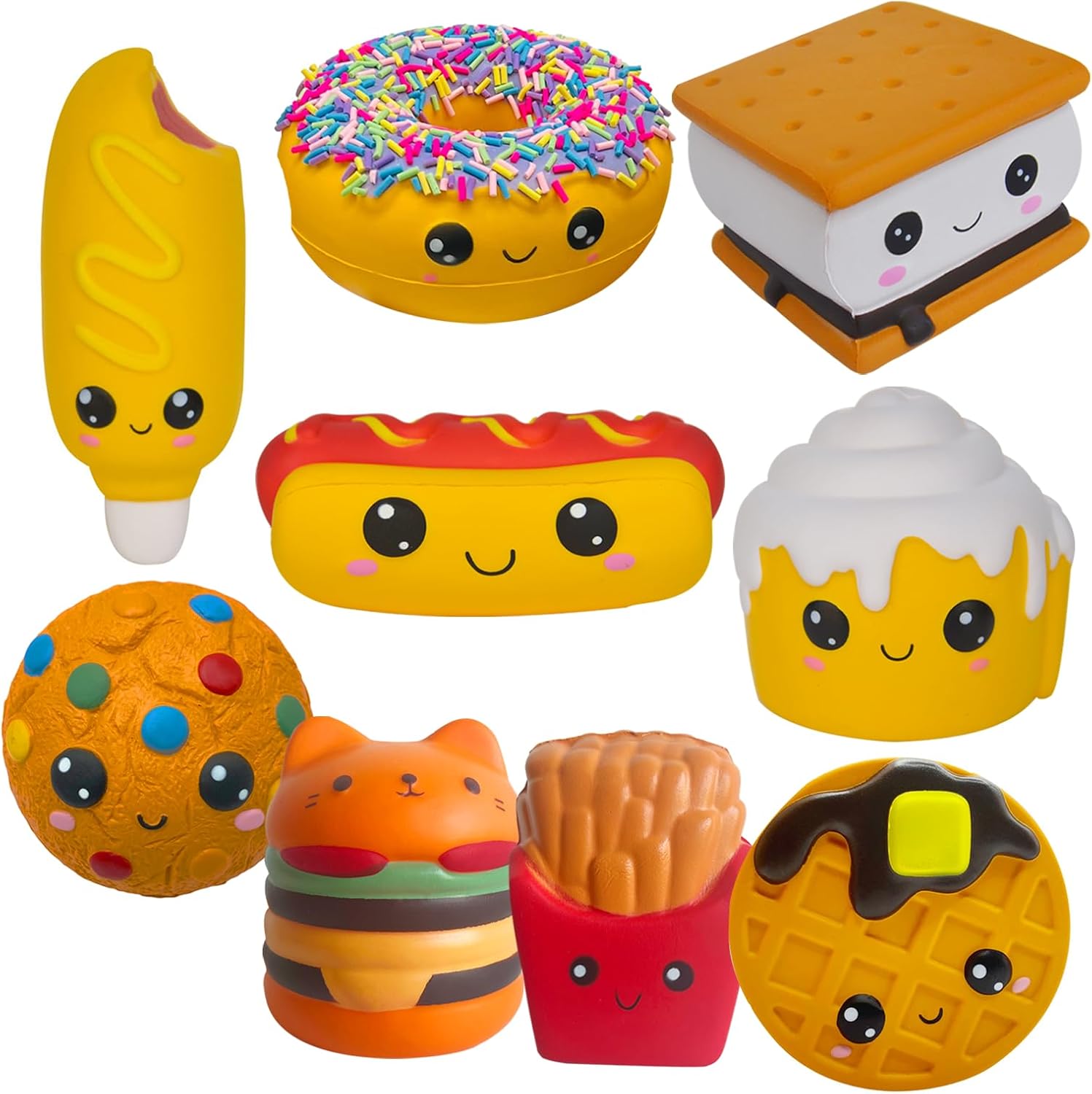 ASMFUOY 9 Packs Slow Rising Squishies Toys Set,Smore Biscuit Waffle Cheese Stick Hot