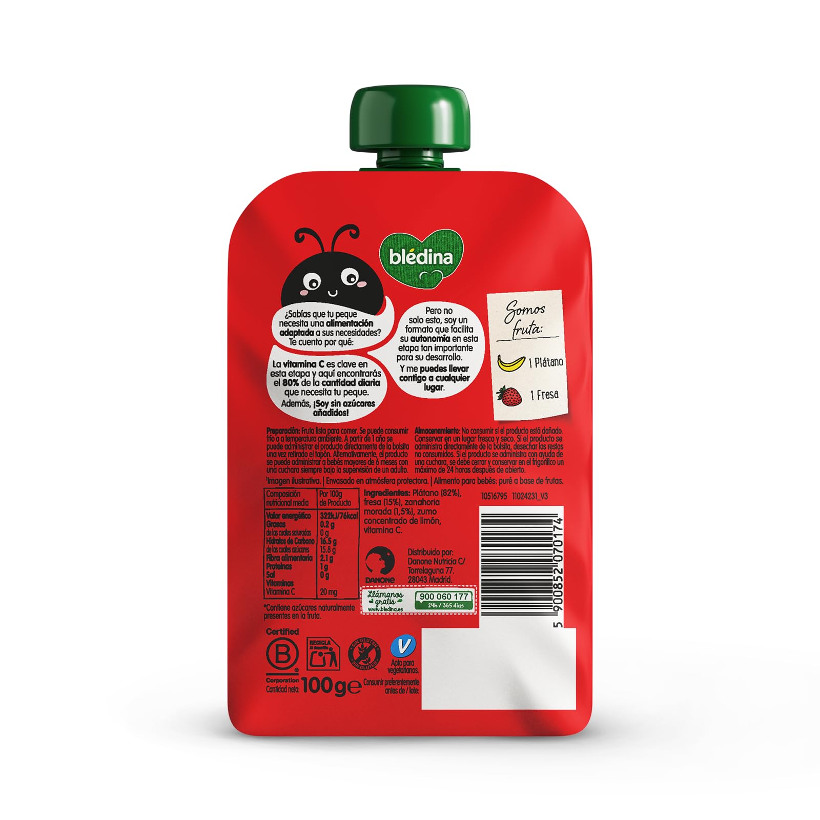 Blédina Bolsitas de Fresa y Platano para Bebé. Pouch 100% Fruta, Sin Azúcares Añadidos y Alto Contenido en Vitamina C, Fuente de Fibra. Desde los 6 Meses, Pack 6x100g