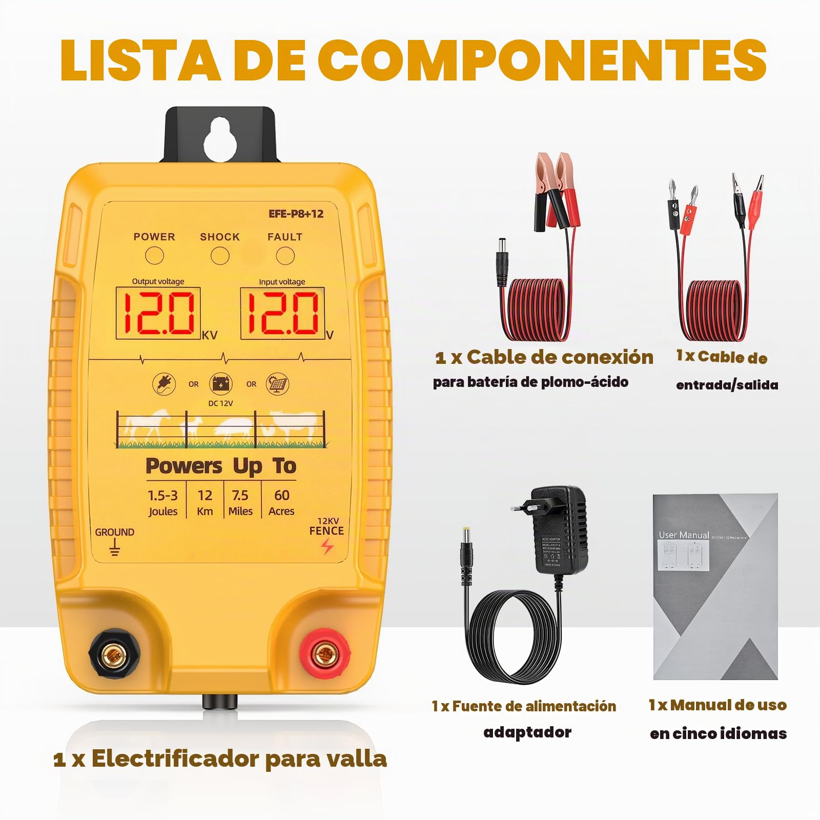 12KM Valla Eléctrica para Ganado y Animales, Electrificador de Cerca con Salida de 12kV 3.0J y Pantalla LCD, Protección para Caballos, Ovejas, Perros, Jardines, Pastos y Granjas (Naranja)
