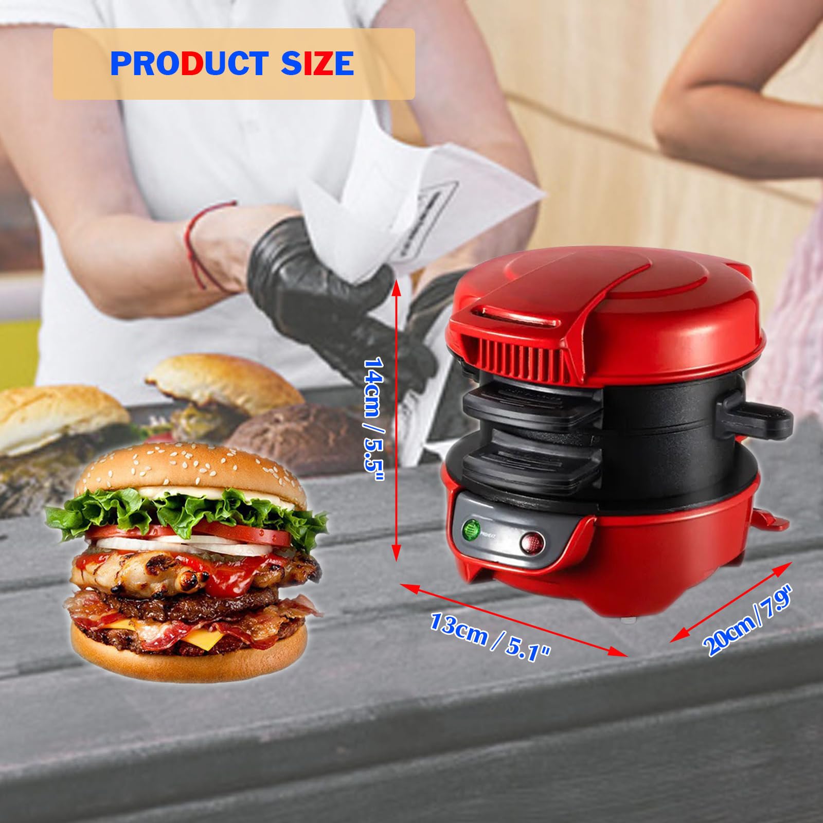 LZQpearl Sandwichera Eléctrica, Tostadora Hamburguesas con Anillos De Huevo Y Temporizador, Placas Calefactoras Antiadherentes, para Hamburguesas, Gofres Y Un Desayuno Rápido (Red)