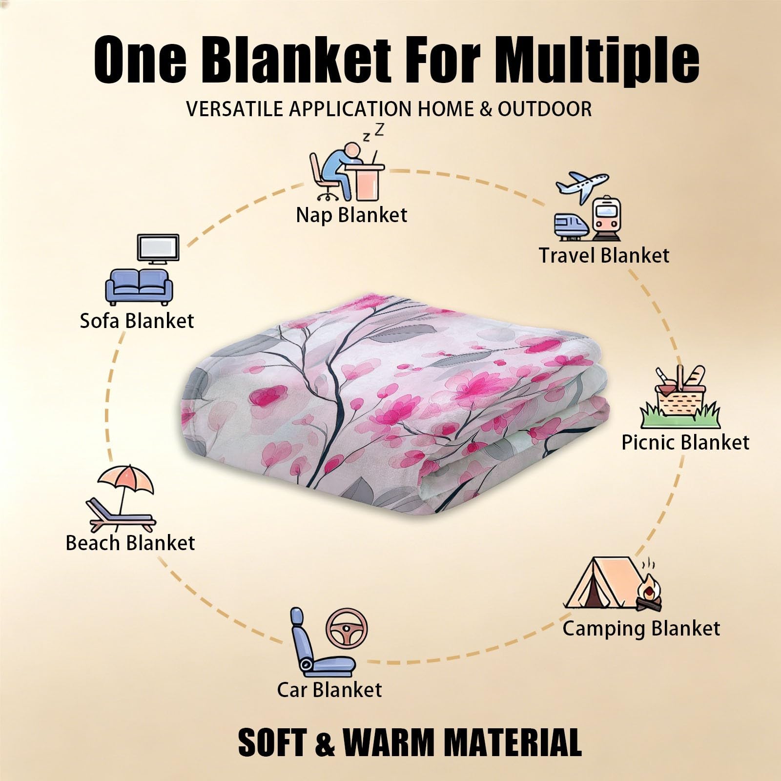 Coperta in pile acquerello botanico, morbida coperta stampata con viti a foglia floreale per adulti e bambini, coperta bianca rosa per divano, soggiorno, spiaggia, viaggi, 180 x 200 cm
