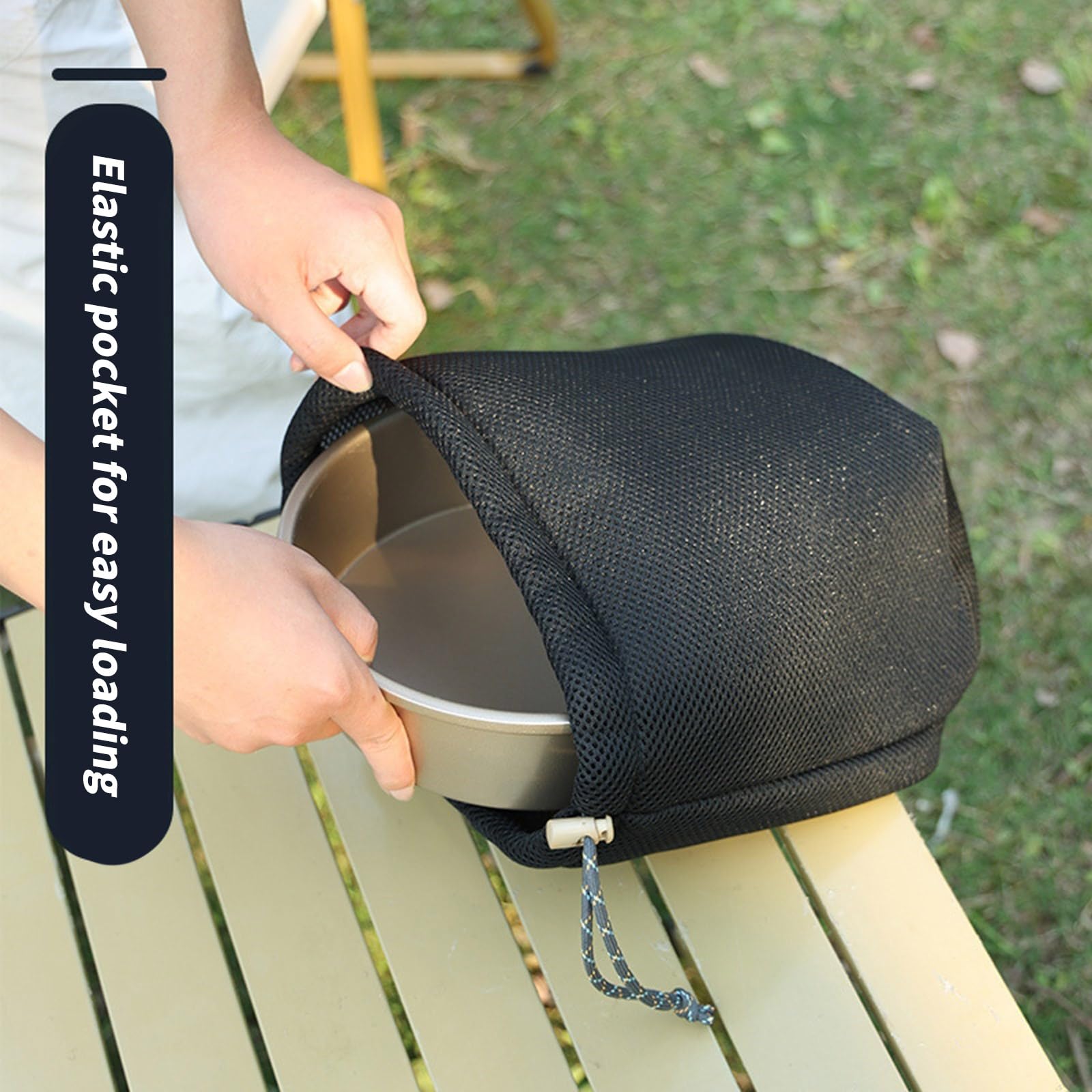 Borsa per pentole da campeggio leggera e ventilata con chiusura a coulisse e tasche in rete per riporre attrezzi da esterno Borsa per riporre pentole da campeggio in tessuto a rete con coulisse da