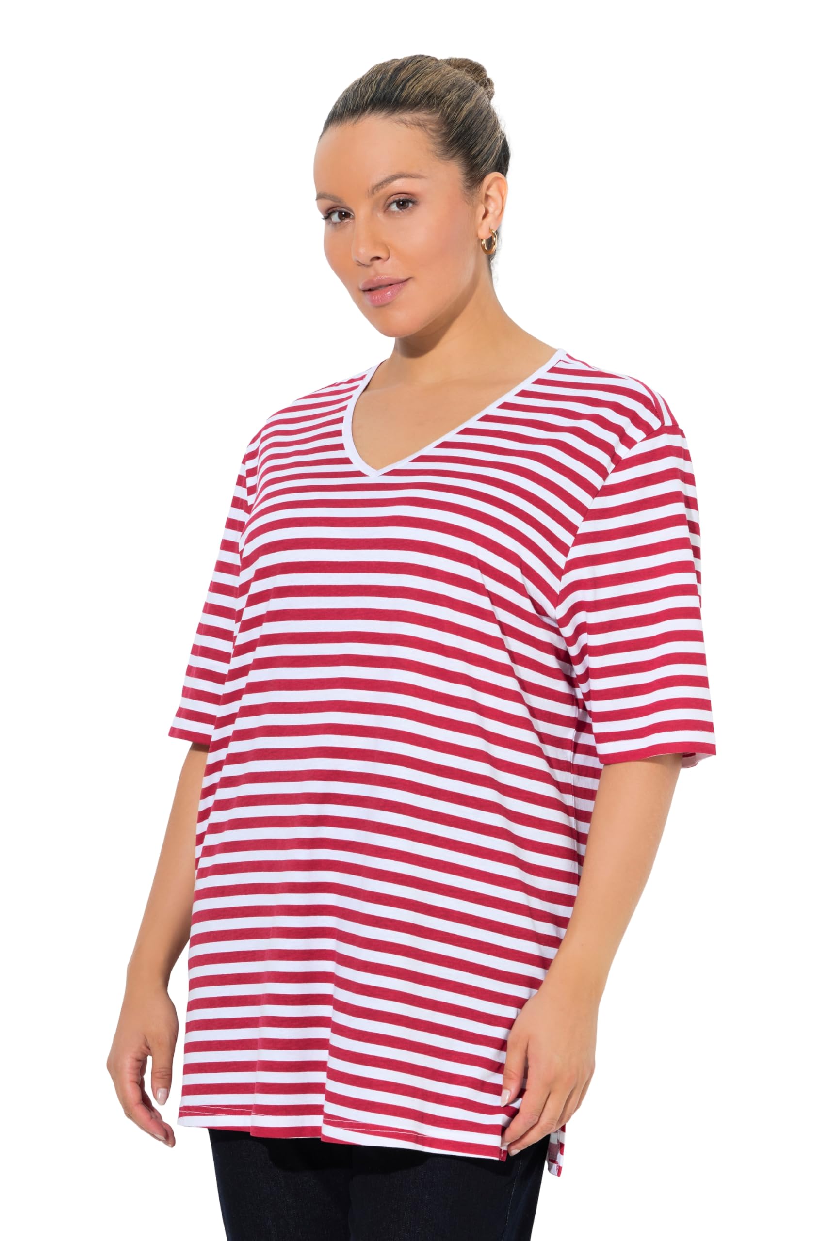 Ulla Popken Womenswear Plus Size Curvy Eco Cotton Striped V-NeckTee Lychee 58+ 846539530-58+