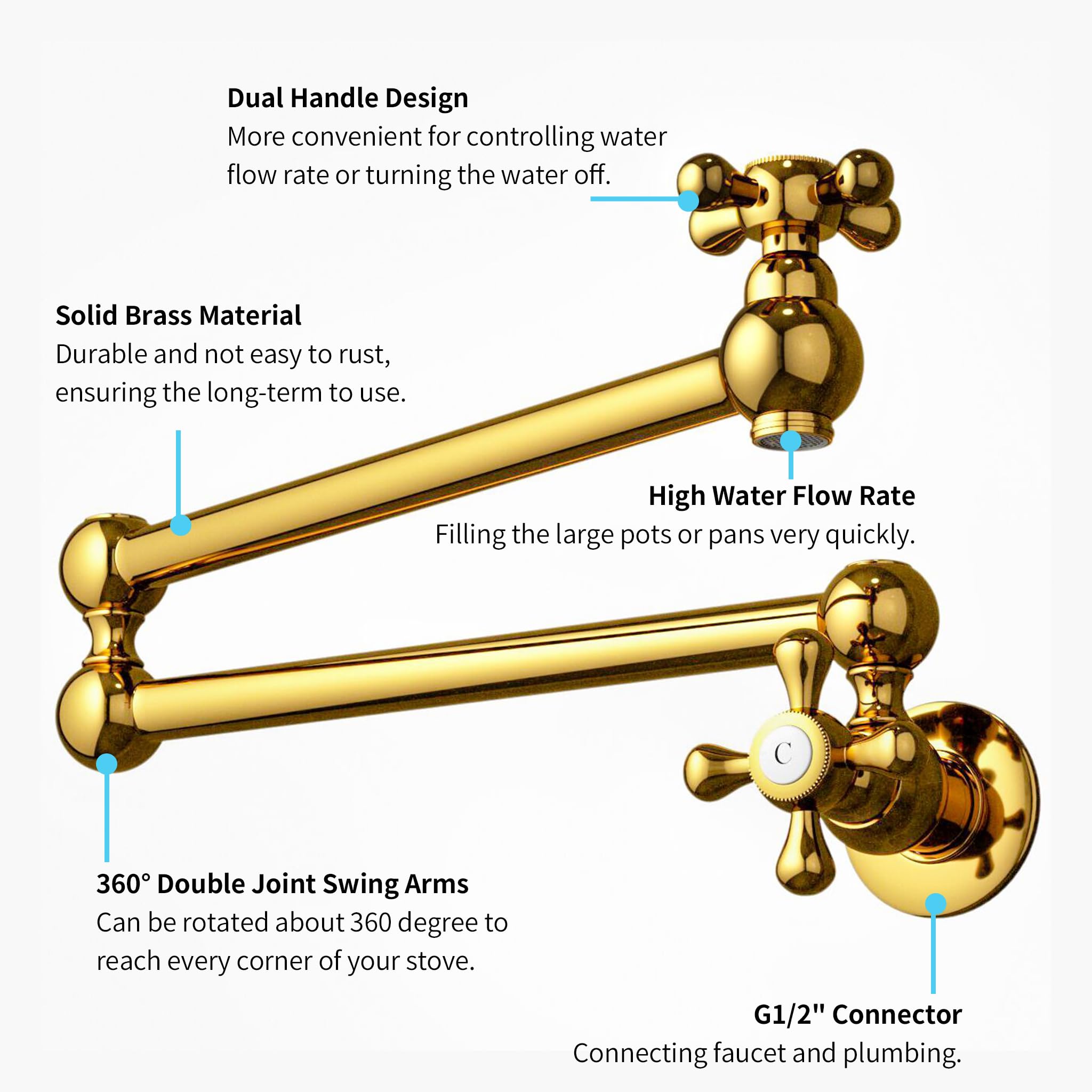 KAITAIHD Kitchen Faucet, Single Hole Mount Pot Filler Faucet Tap with Folding Stretchable Double Joint Swing Arm, Polished Gold - Image 3