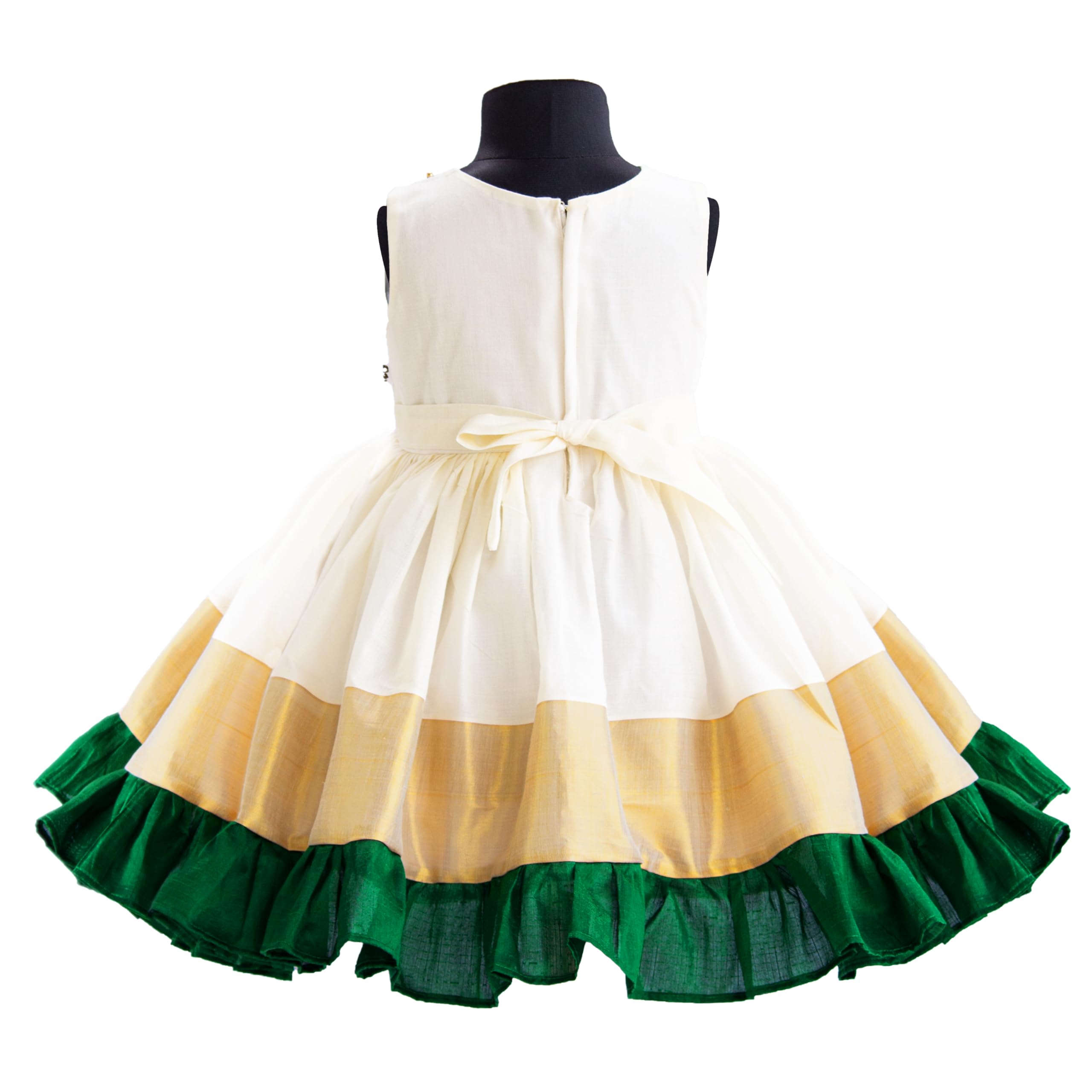 Stanwells Kids Dress for Girls Embroidery Knee Length Traditional Applique Kerala Ethnic Frock for Baby Girls Zipper Beautiful Sleeveless Birthday Dress for Girls Cream & Green (2-3 Years) - Image 6 thumbnail