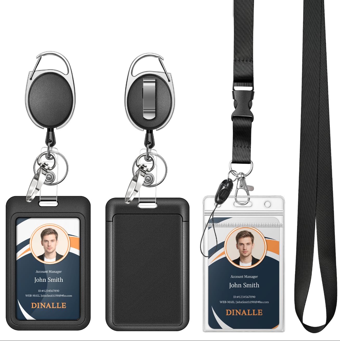 DINALLE 3 Pack Bundle- 2 Pack Retractable Badge Reel with Detachable Keychain, Cruise Ship Cards Holder,1 Pack Breakaway Lanyard with Clear ID Holder,