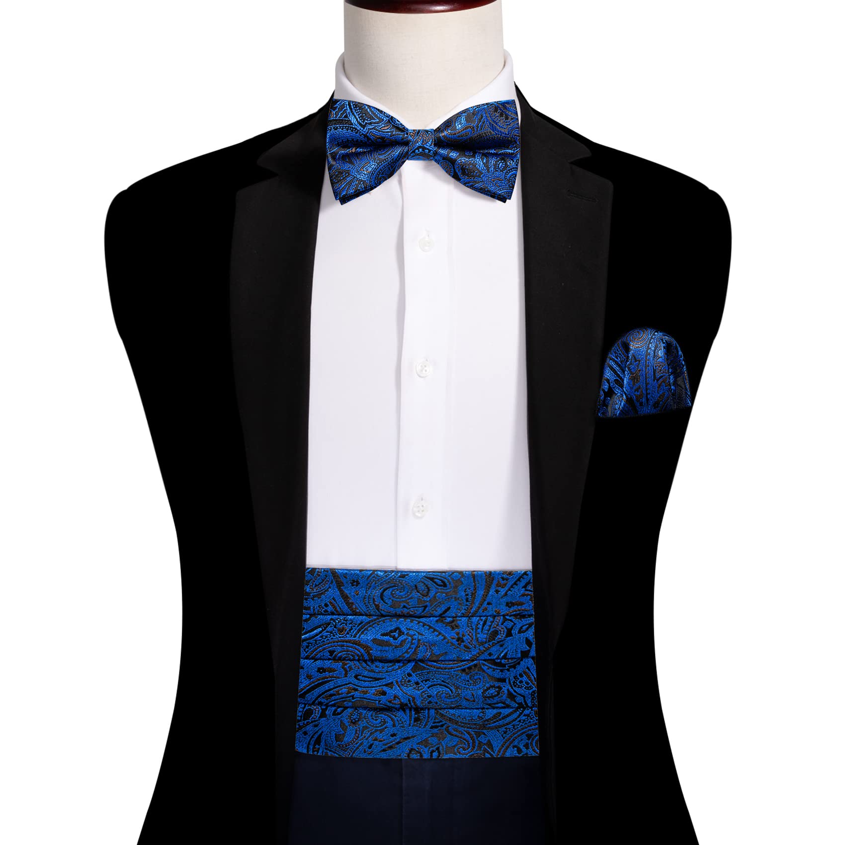 Barry.Wang Cummerbund Bow Tie Set for Men, Silk Cummerbund Pretied Bow Tie Pocket Square Cufflinks