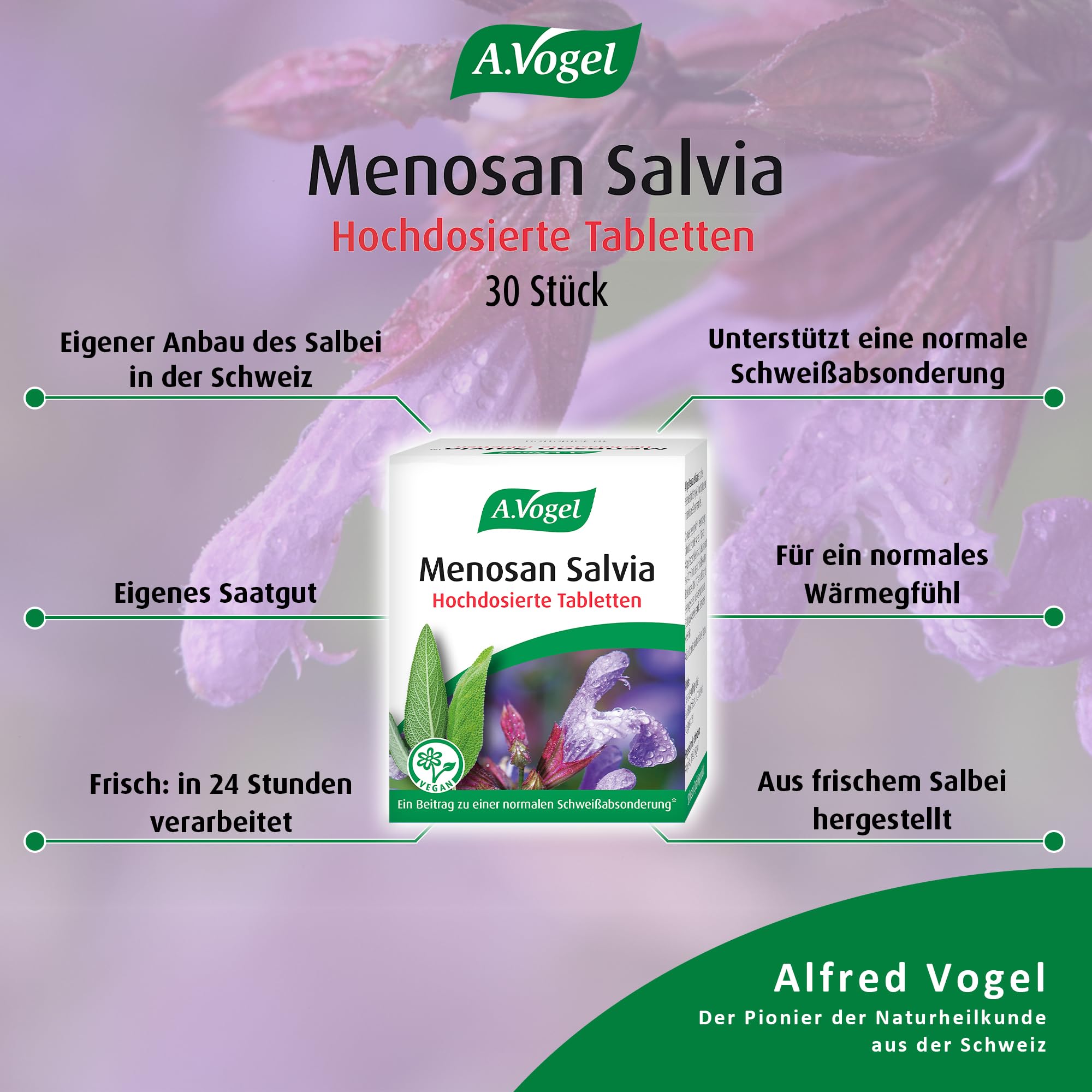 A.Vogel Menosan Salvia 30 Tabletten, pflanzliches Nahrungsergänzungsmittel, Salbei unterstützt in den Wechseljahren, Vegan, mit Spissumextrakt aus frischen Salbeiblättern