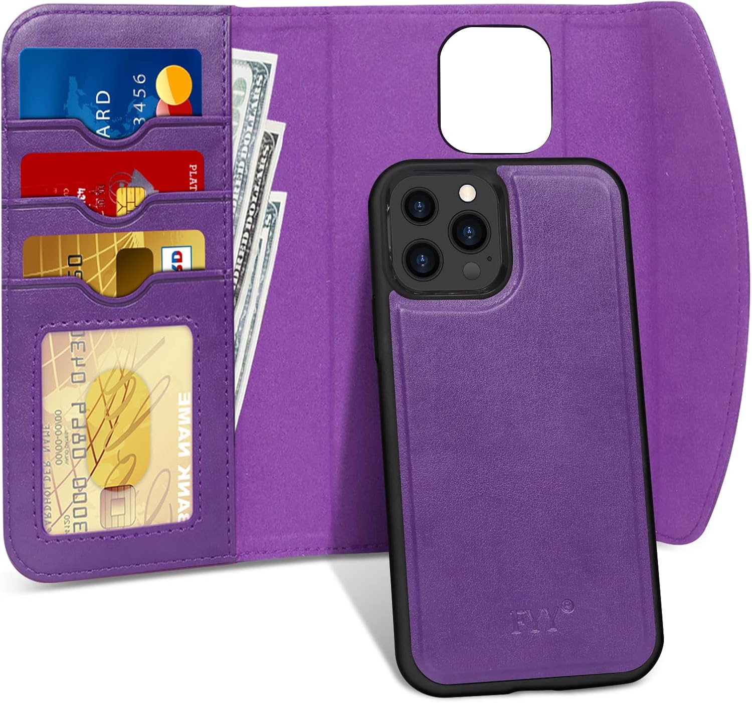 FYY Designed for iPhone 13 Pro 5G Case, [Support Magsafe Charging] 2-in-1 Magnetic Detachable Wallet Phone Case with Card Holder Protective Cover for iPhone 13 Pro 5G 6.1" Purple
