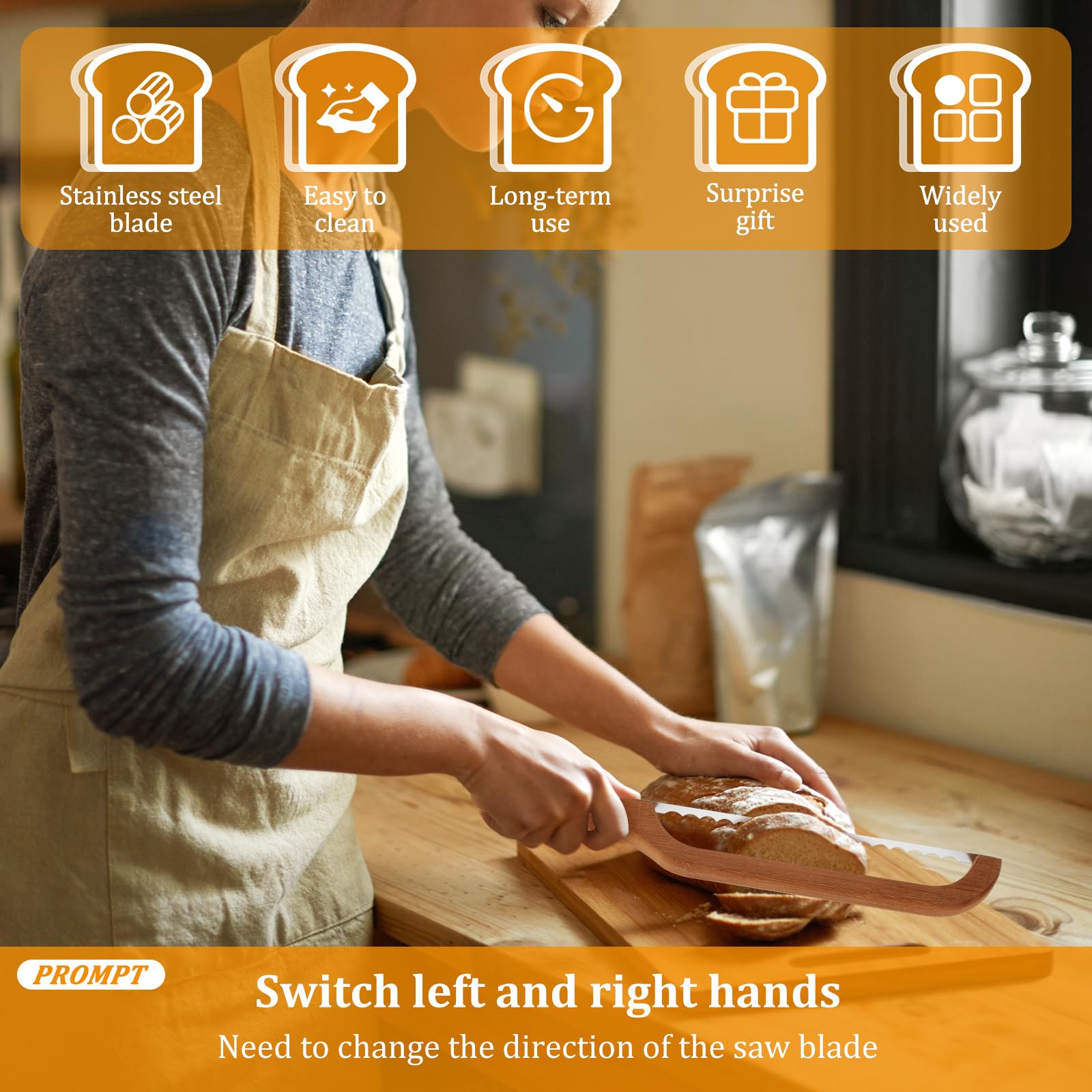 ZJRDYYK Bread Bow Cutter, Serrated Bagel Cutter, Stainless Steel Sourdough Breads Slicer, Portable Breads Cutting Tool with Bamboo Handle for Homemade Bagels Bread Baguettes(Graphic payment)