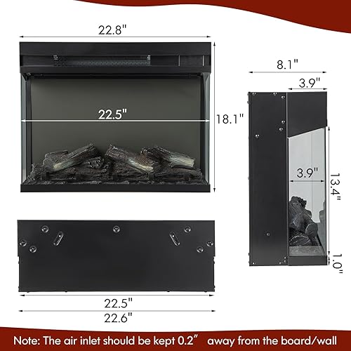 Miniatura 5 de ORALNER Inserto de chimenea eléctrica de 23 pulgadas, calentador de chimenea de vidrio de 3 lados con control remoto y temporizador de 8 horas,