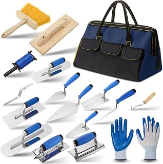 DuuiHua 18-Pc Masonry Tool Set in Blue Tool Bag: Stainless Steel Trowels, Brushes, Gloves for Concrete Beginners