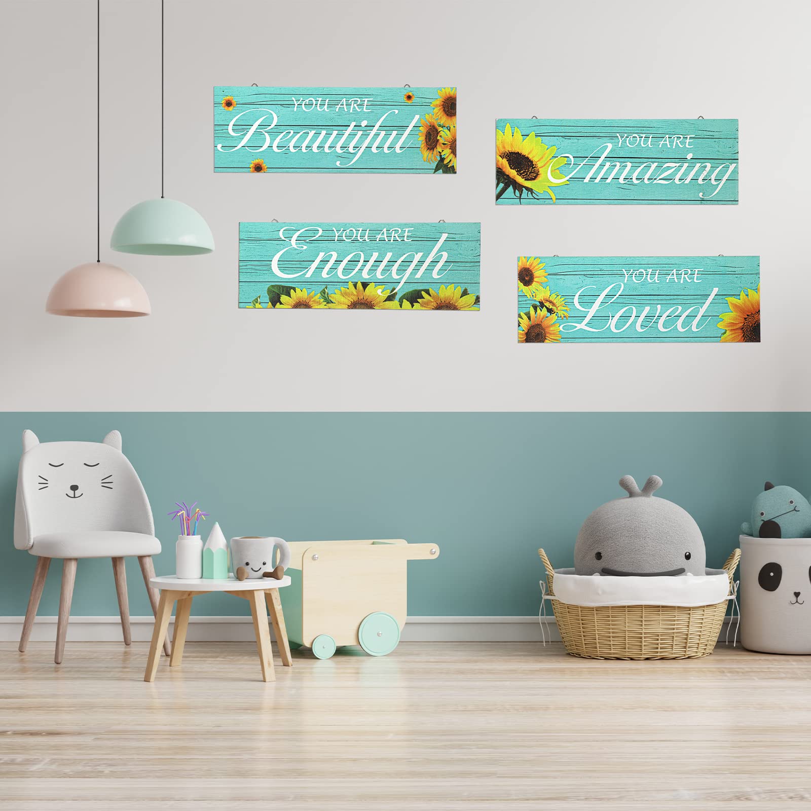 4 piezas de decoración de pared de girasol con texto en inglés You are Loved, decoración inspiradora de girasol, decoración de baño, turquesa, granja, arte de pared, letrero de madera 7