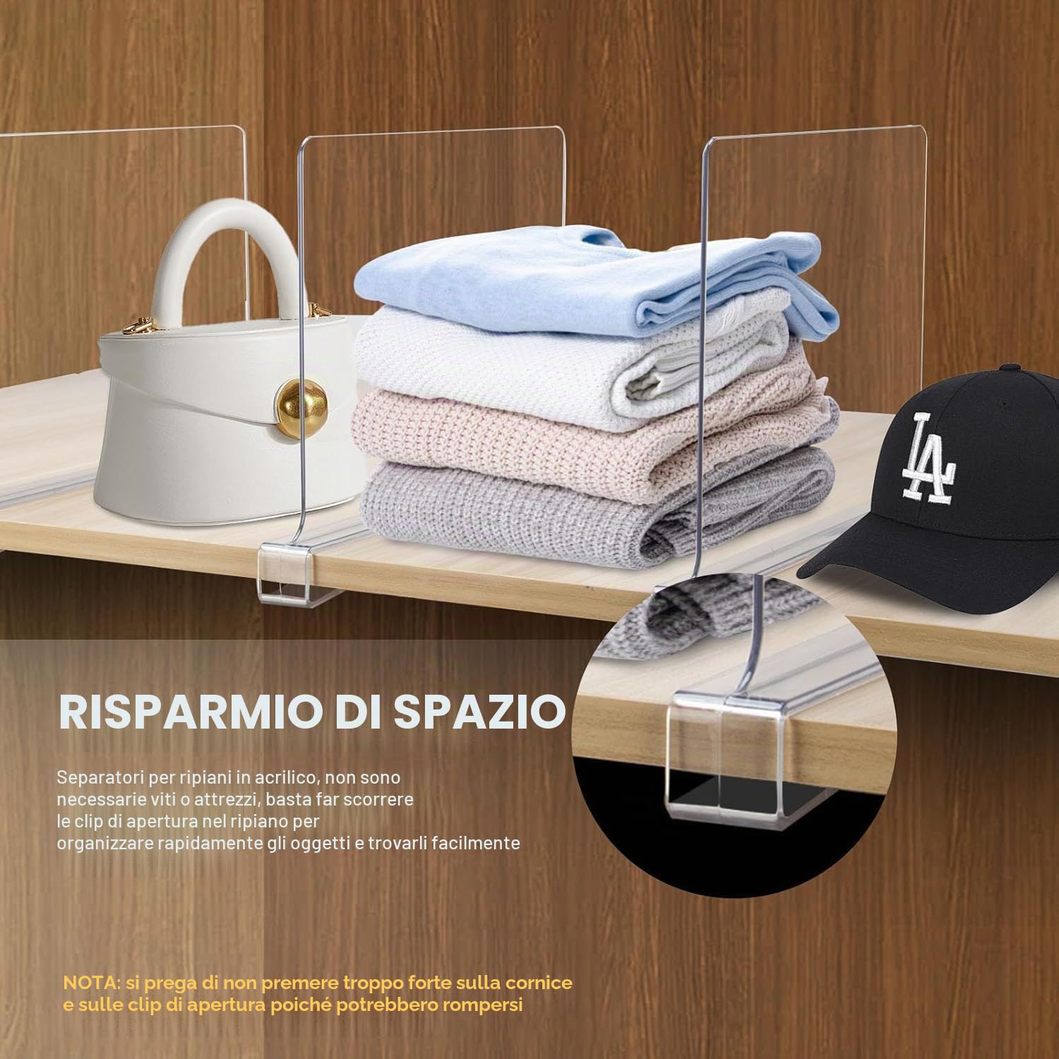 8 Separatori per Scaffali in Acrilico Trasparente, 30 x 20 cm Divisori Multifunzionali, Organizer Separatore Armadio Multiuso, Acrilico Trasparente per Camera da Letto, Uffici e Molto Altro