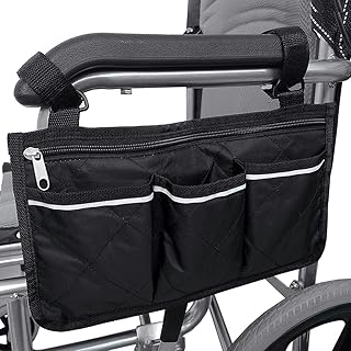 Wheelchair Armrest Bag Pouch, Wheelchair Side Bag Black, Electric Wheelchair Bag Organizer Small for Manual / Electric Wheelchair, Electric Wheelchairs Accessories 4 Pockets with Reflective Strip (32.5 * 18 cm)
