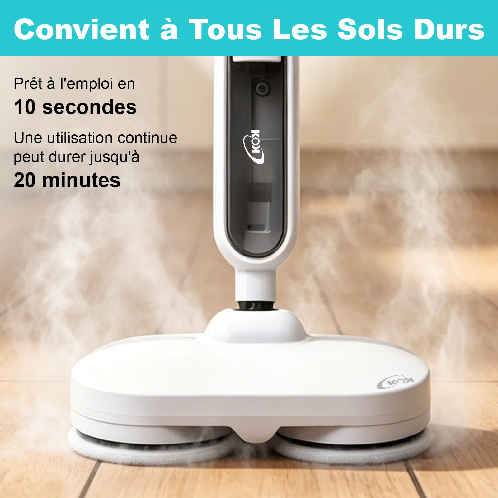 KOK 10-en-1 Nettoyeur vapeur, Balai Vapeur avec Fonction Rotative, Vapeur à haute température, 500 ml Capacité, 15 Accessoires, 10s Temps chauffage, pour les chambres, les cuisines et les salons