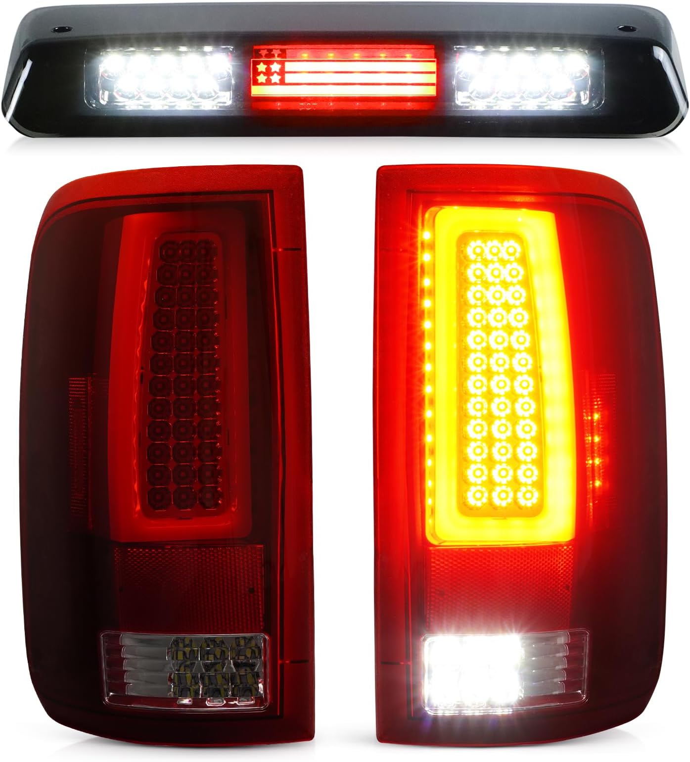 LED Tail Light (Red) + 3rd Brake Light (Smoke) Fit for Ford F-150 F150 2004-2008 [Factory Halogen Model] Fleetside Styleside, Driver + Passenger Side Taillights and High Mount Stop Light, 3 Pcs