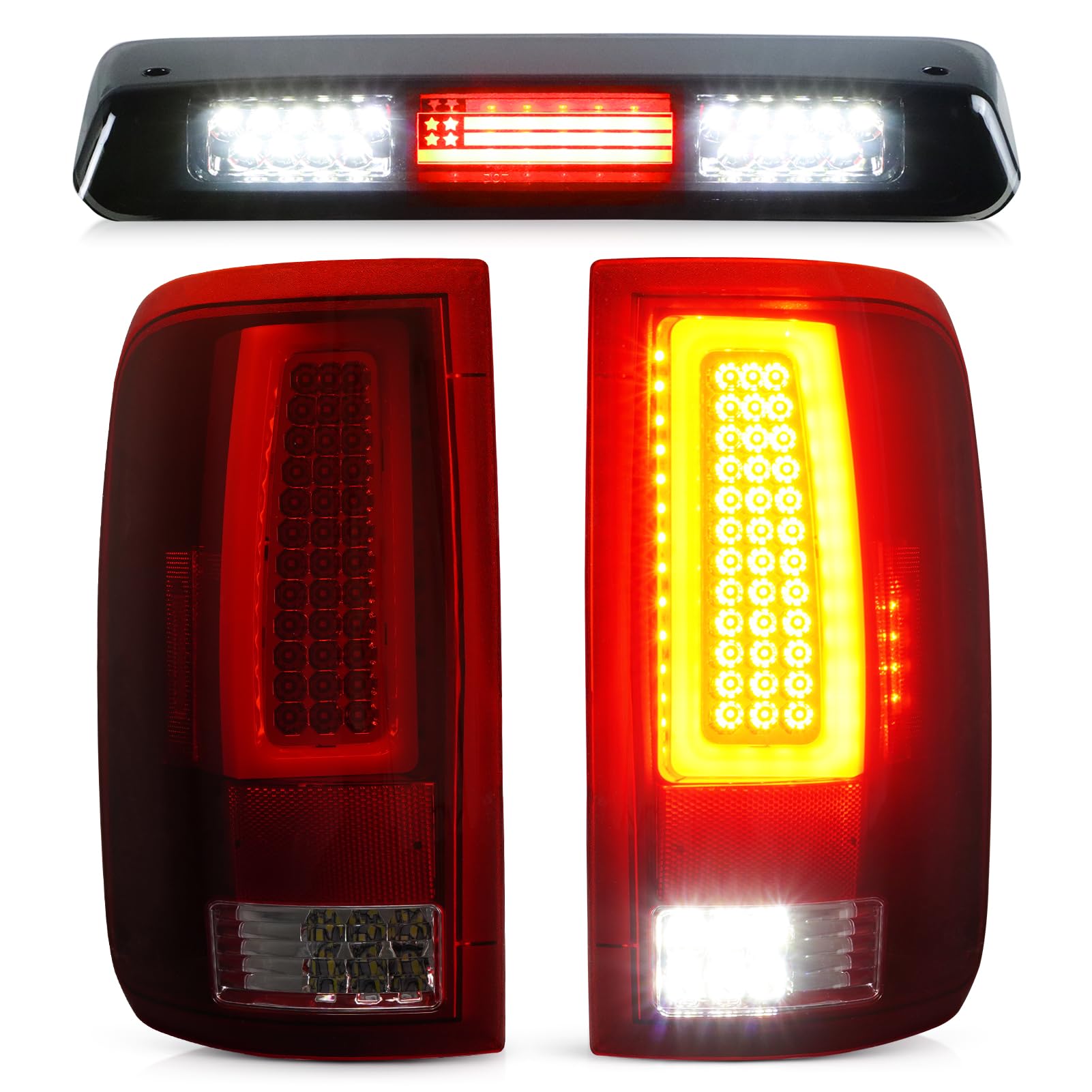 LED Tail Light (Red) + 3rd Brake Light (Smoke) Fit for Ford F-150 F150 2004-2008 [Factory Halogen Model] Fleetside Styleside, Driver + Passenger Side Taillights and High Mount Stop Light, 3 Pcs