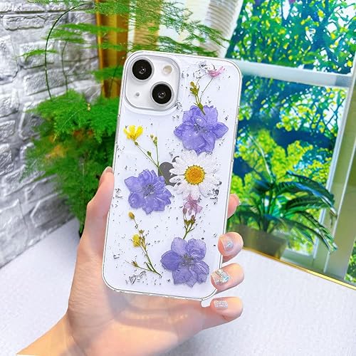 Miniatura 2 de Abbery Funda diseñada para iPhone 13 Mini con diseño de flores prensadas, bonita funda con purpurina brillante transparente con diseño de silicona
