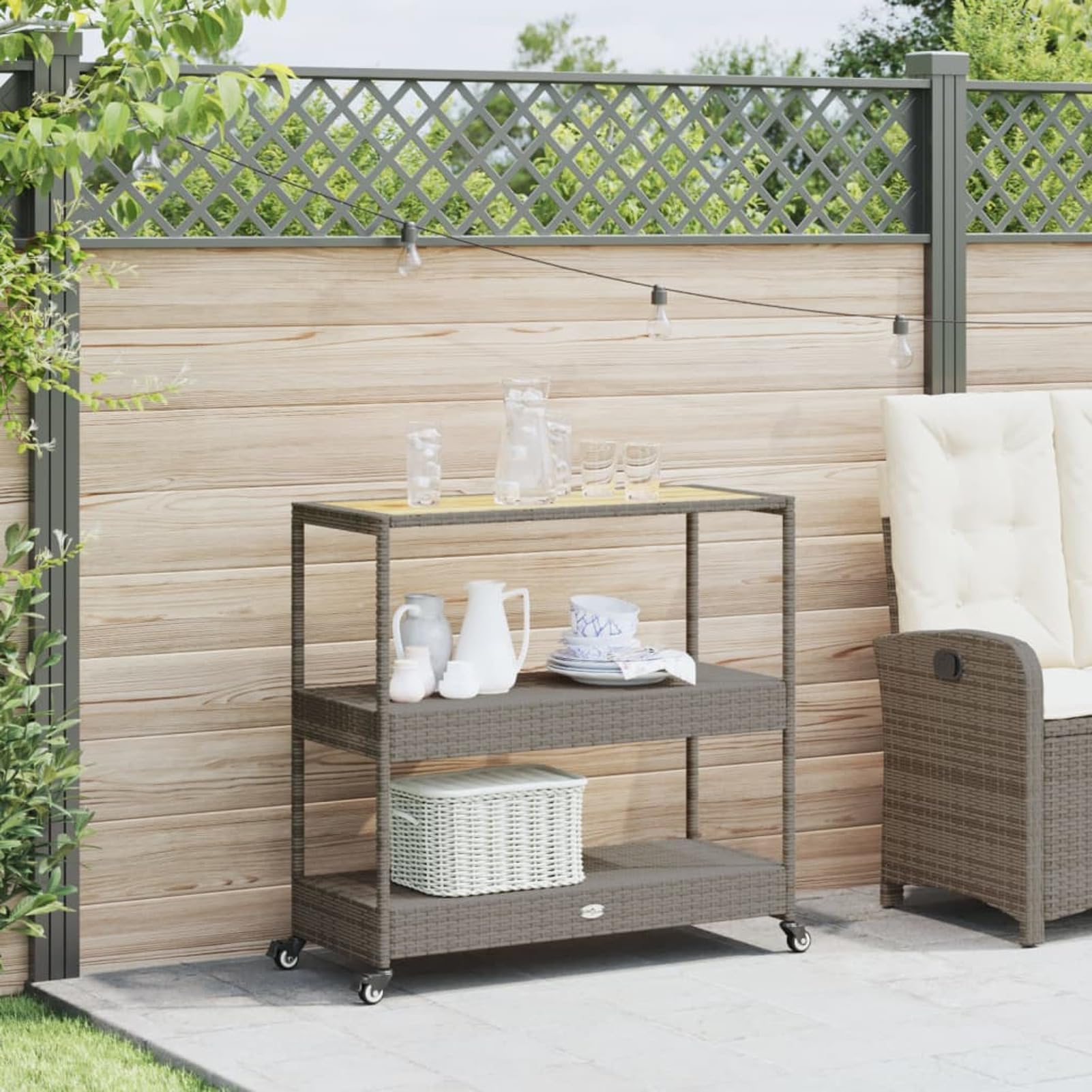 Carrello da Bar 3 Livelli Grigio Polyrattan e Massello Acacia,Carrello Portaoggetti da Cucina,Carrello Portaoggetti,Carrello Salvaspazio-368724
