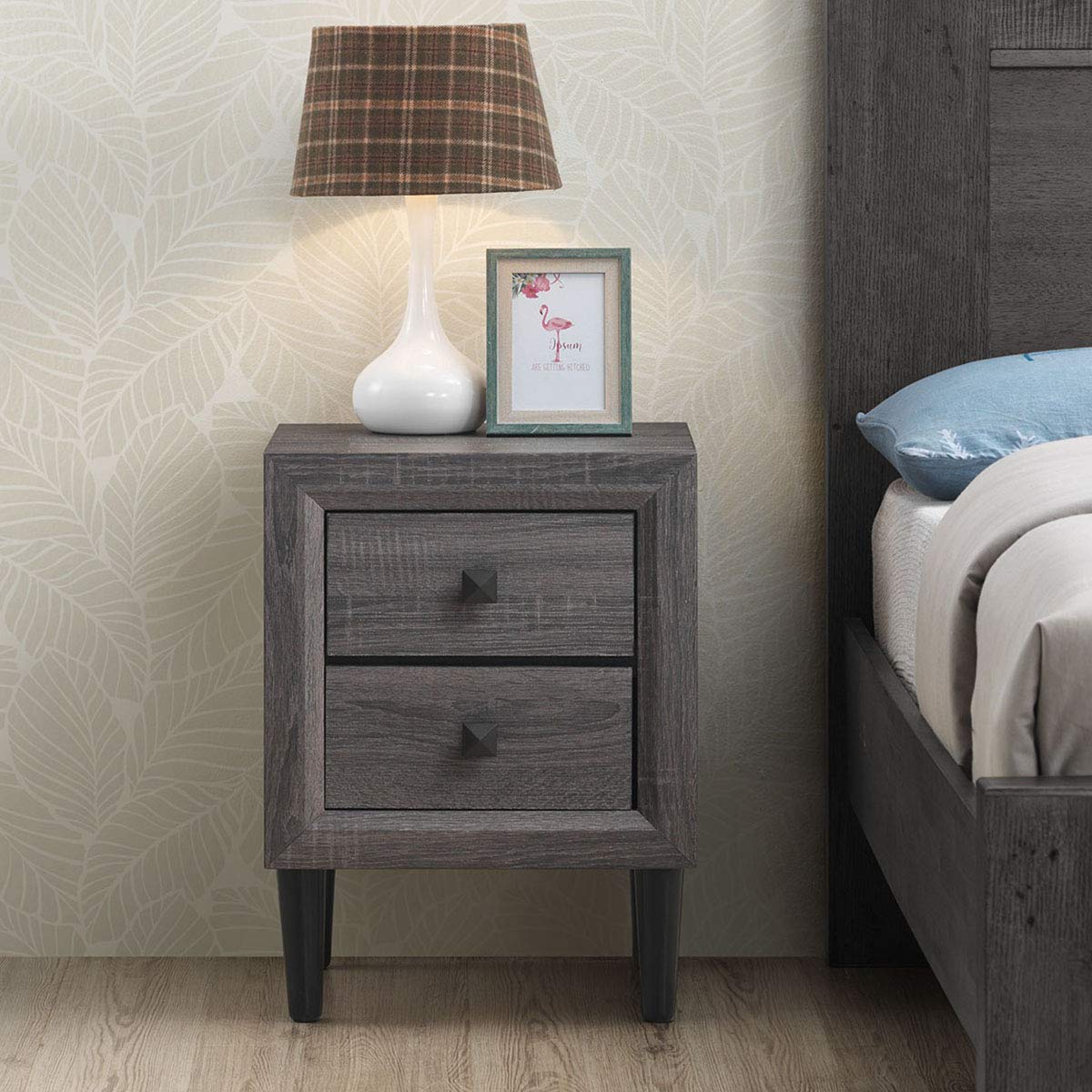 Giantex Nightstand with Drawer Set of 2, Fully-Assembled 2-Drawer Bedside Tables with Solid Wood Legs for Bedroom, Modern Night Stand Side Table for Small Space Living Room, Grey