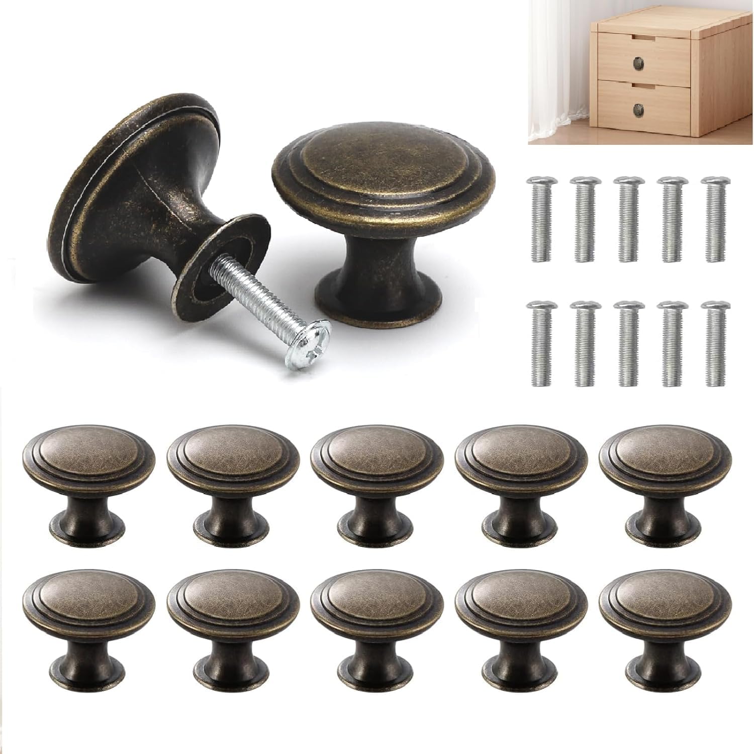 Pack of 10 Vintage Furniture Knobs, 30 mm Cabinet Knobs, Antique Bronze Made of Zinc Alloy, Round Cabinet Knobs, Vintage Door Knobs for Drawers, Dressers and Kitchen Cabinets