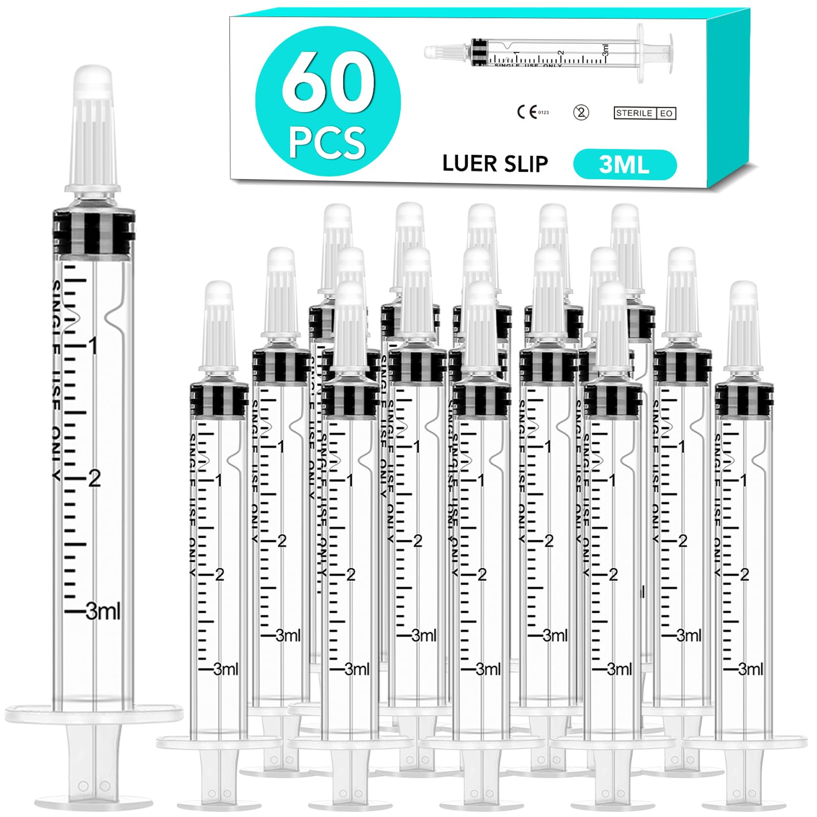 Photo 1 of *Box damaged* 60 PCS 3ml Syringes with Cap for Liquid, Oral Syringe without Needle for Medicine Dropper, Colostrum Collect, Liquid Measuring, Individually Sealed, Luer Slip