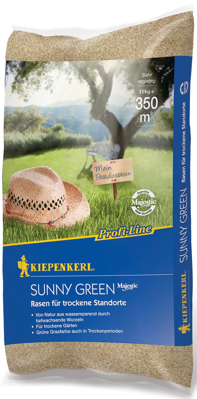 Kiepenkerl Profi-Line Sunny Green Rasen für trockene Standorte 666405 - Trockenrasen, Rasensamen sonnig, Rasen trocken, Rasensaat schnellkeimend, Qualitätsrasen aus Spitzensorten, 10 kg