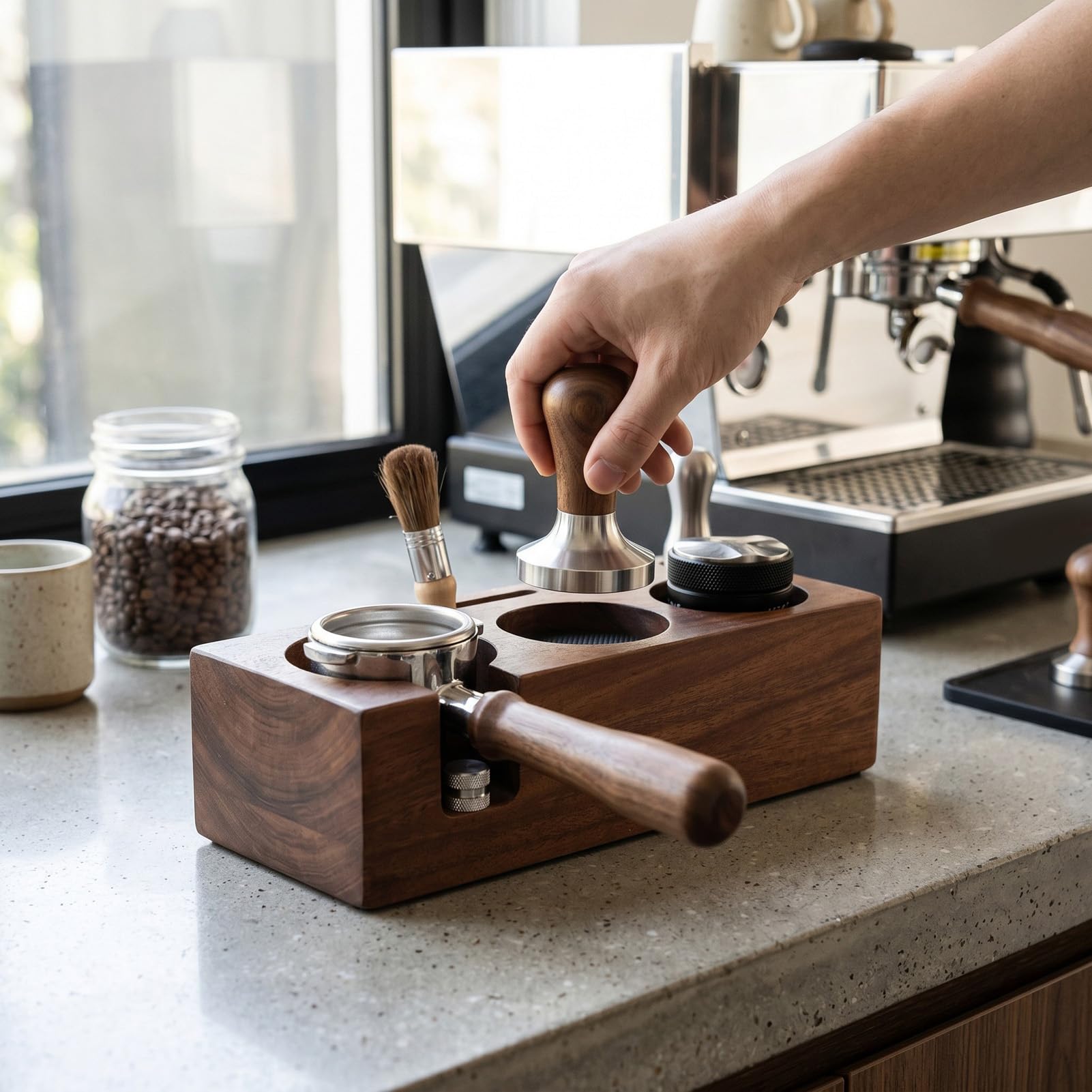 Naroote 51 Mm 53 Mm Espresso-Tampingstation, Walnuss-Kaffeezubehör-Organizer mit Effizienter Aufbewahrung, Platzsparender und Rutschfester Basis für Heim-Baristas