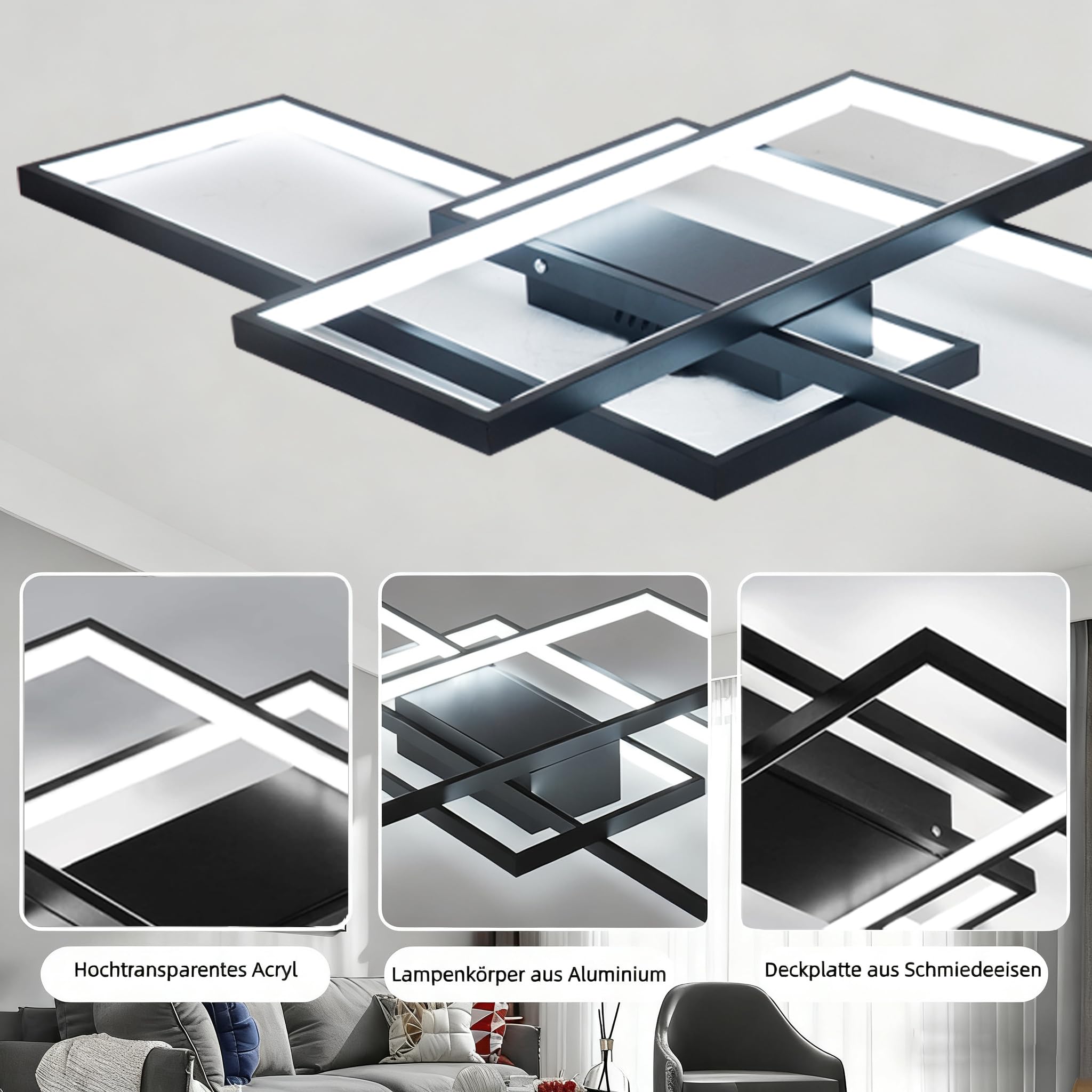 LED Deckenleuchte Modern Design Deckenlampe Wohnzimmer, 65W Dimmbar WohnzimmerLampe Decke Mit Fernbedienung, Rechteckig Deckenleuchte Schwarz Für Schlafzimmer Küche Wohnzimmer Beleuchtung, 80cm