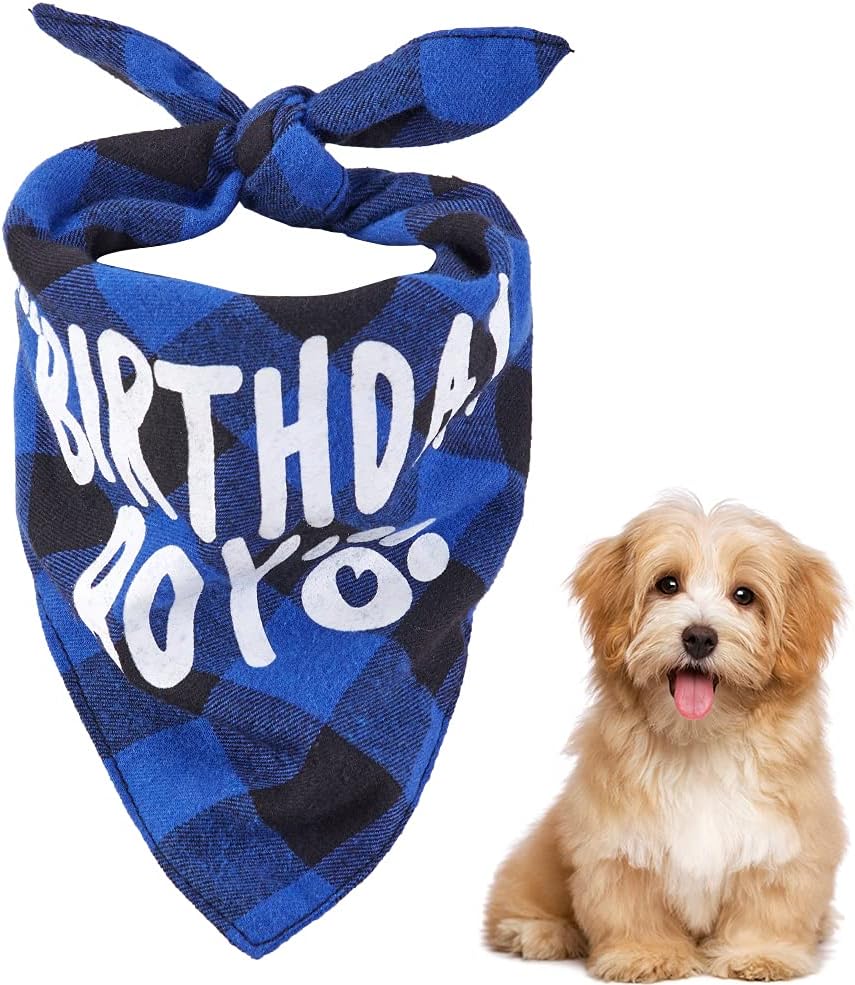 Dog Birthday Bandana Dog Triangle Scarf Happy Birthday Plaid Bandana for Small, Medium, Large Dog Birthday Gift (Blue)