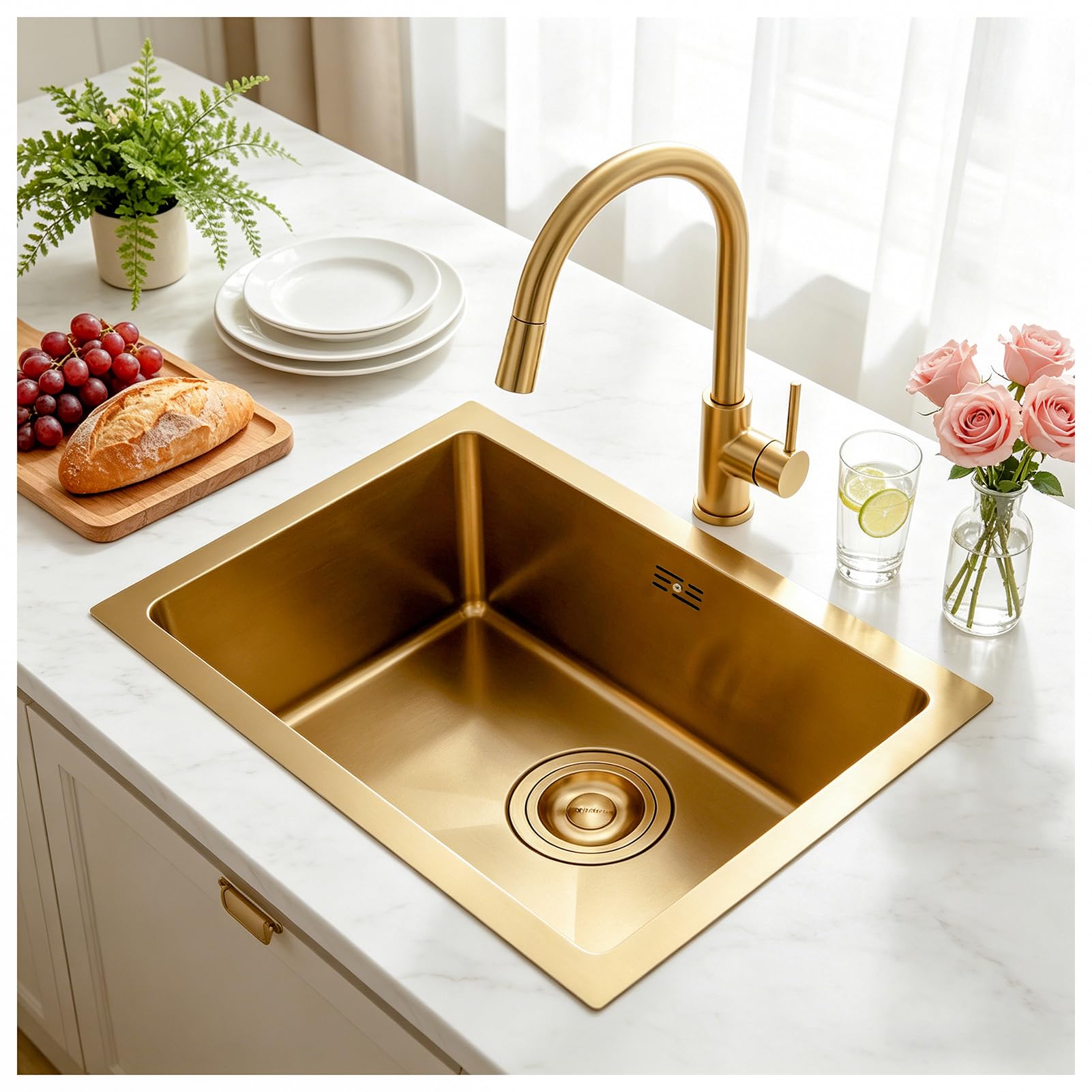 Hzksinnk Gold-Faucet#A 55X40cm Kitchen Sink, Brushed Gold Single Bowl Sinks, Stainless Steel Bar Kitchen Sinks, Undermount Or Above Counter Sink With Drain Filter