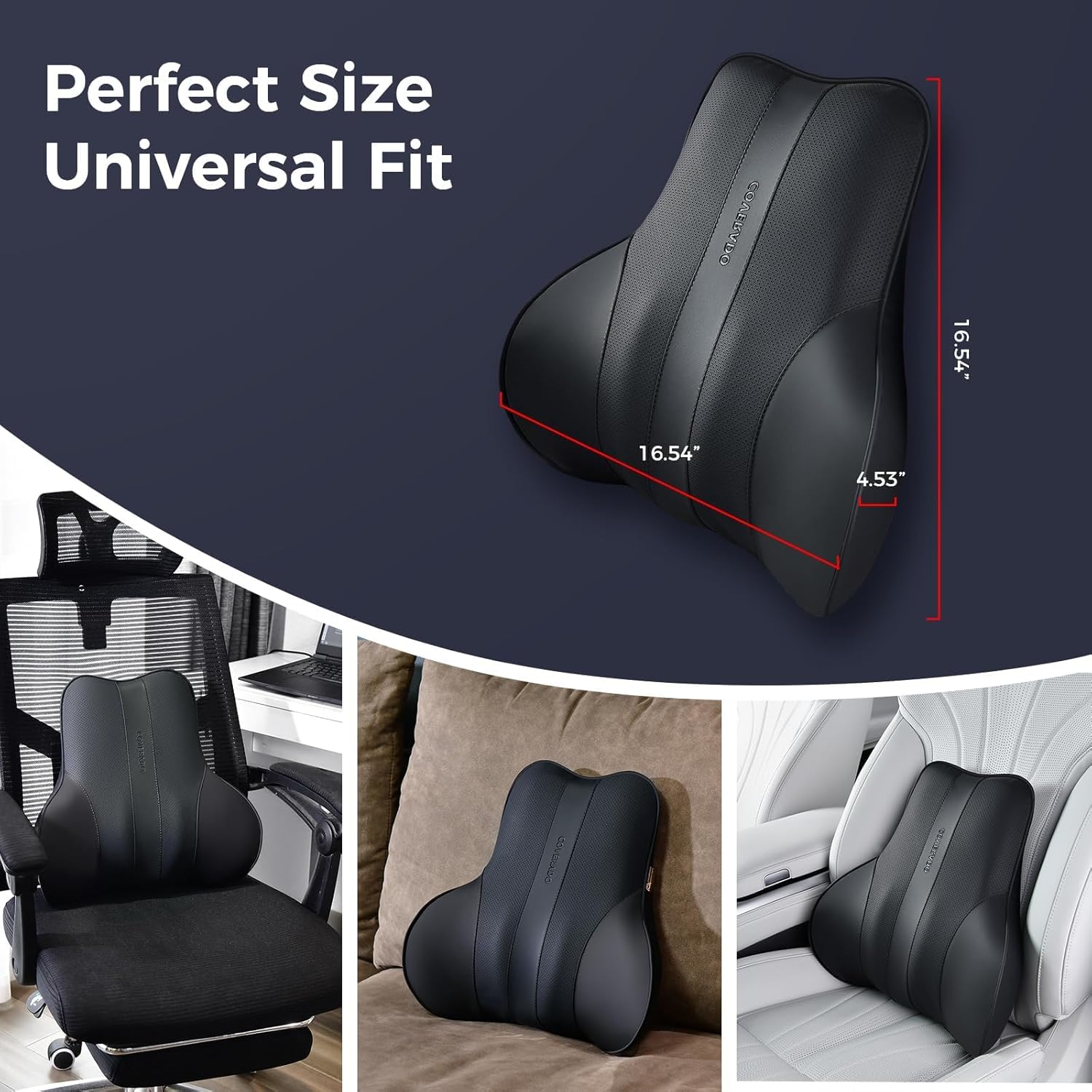 Coverado Lumbar Support Pillow for Car, Ergonomic Memory Foam Back Pillow for Office Chair, New Back Cushion for Pain Relief, PU Leather Car Lumbar Support for Driving Seat - BK - Image 7